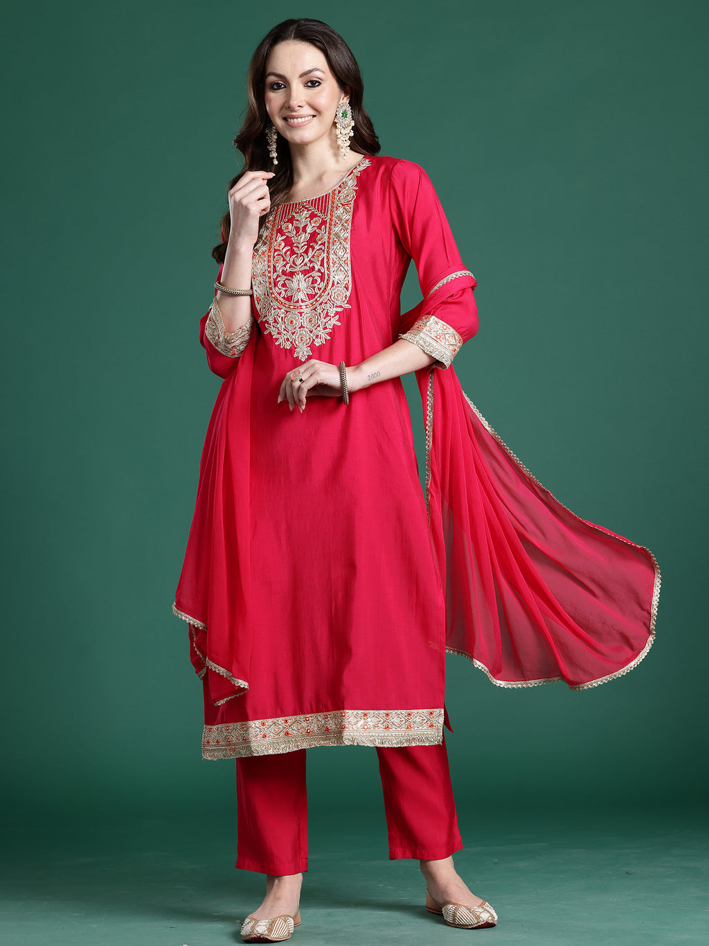 Indo Era Pink Solid Straight Kurta Trousers With Dupatta set- IE