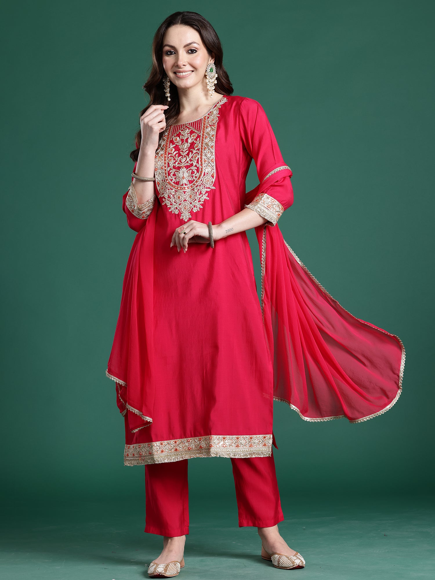 Indo Era Pink Solid Straight Kurta Trousers With Dupatta set- IE