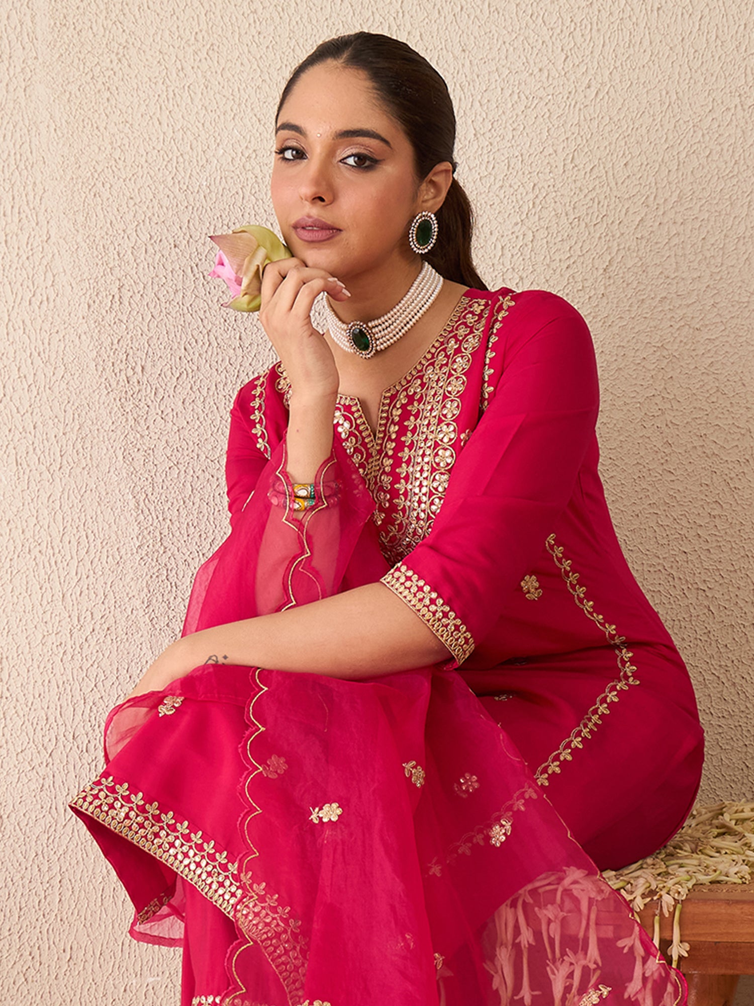 Indo Era Pink Embroidered Straight Kurta Trousers With Dupatta set- IE