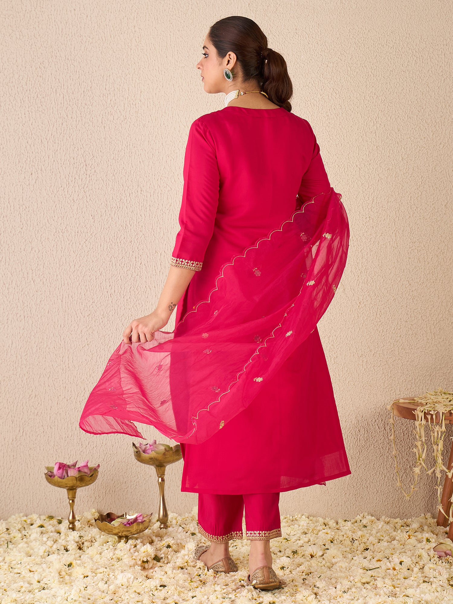 Indo Era Pink Embroidered Straight Kurta Trousers With Dupatta set- IE