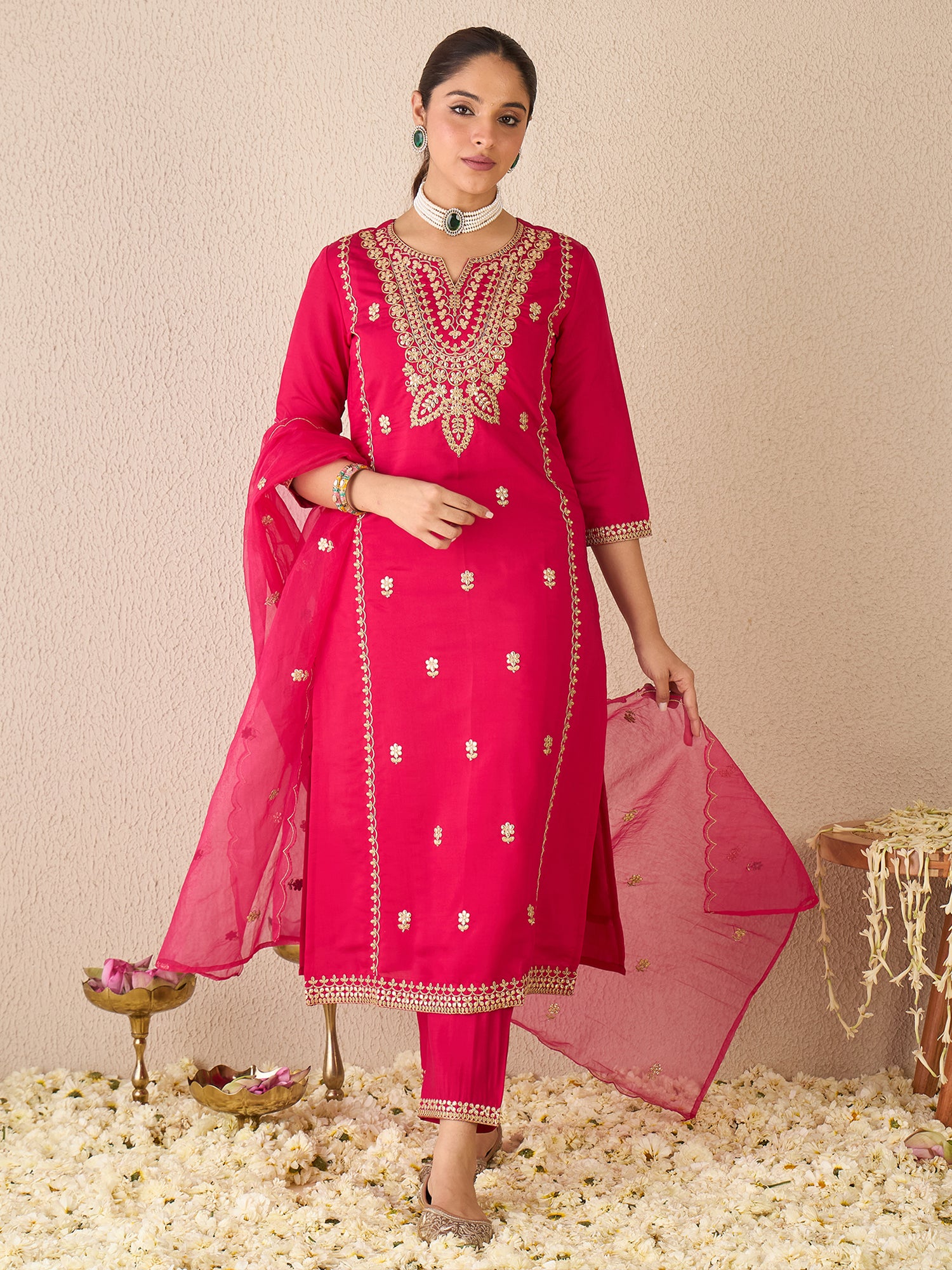 Indo Era Pink Embroidered Straight Kurta Trousers With Dupatta set- IE