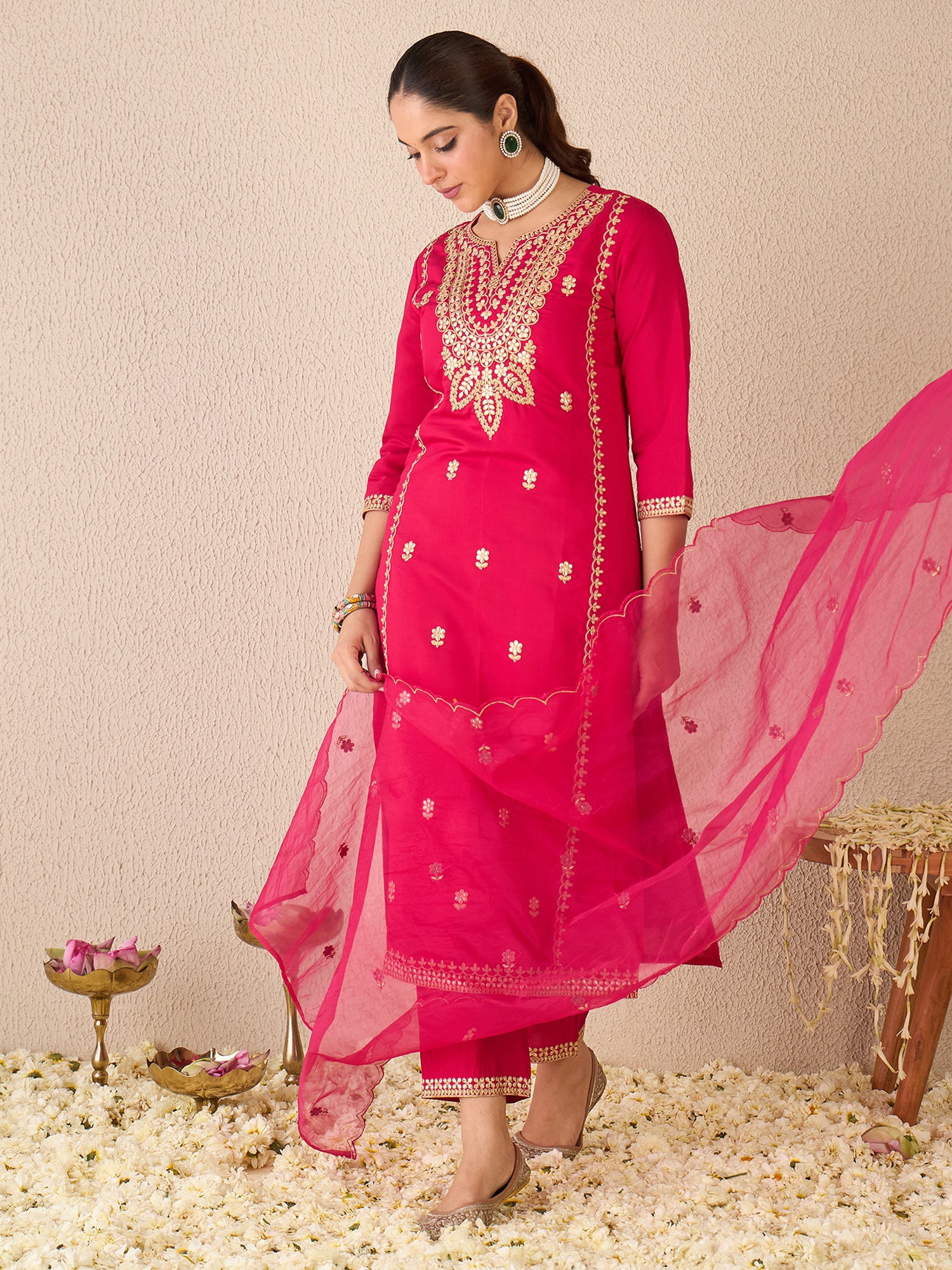 Indo Era Pink Embroidered Straight Kurta Trousers With Dupatta set- IE