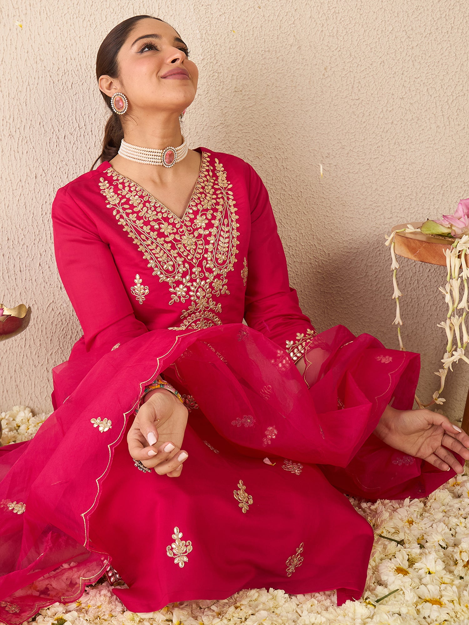 Indo Era Pink Embroidered Straight Kurta Trousers With Dupatta set- IE
