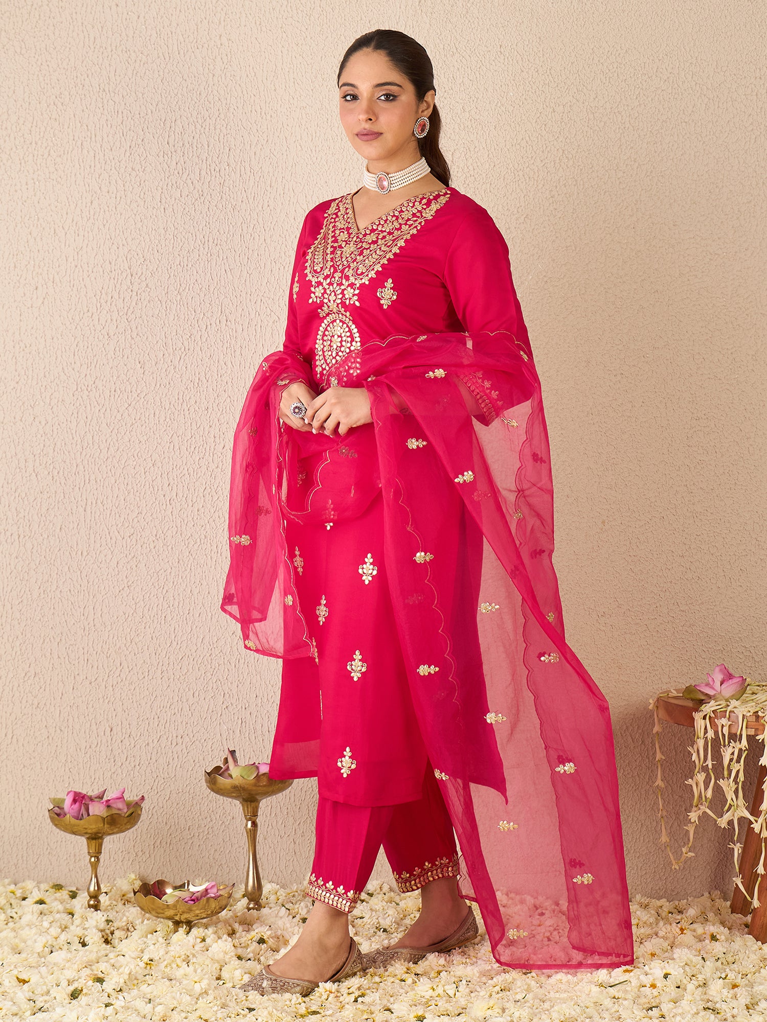 Indo Era Pink Embroidered Straight Kurta Trousers With Dupatta set- IE