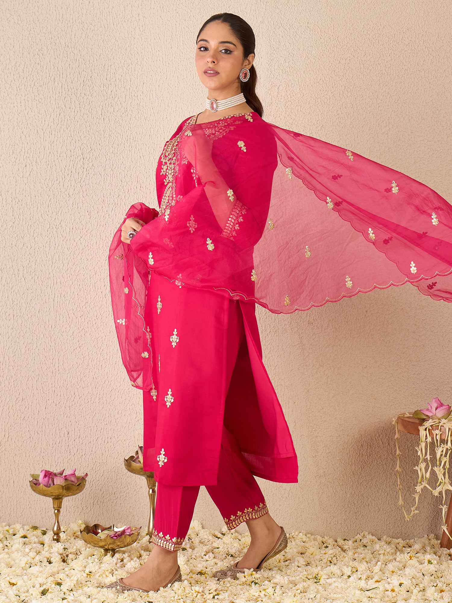 Indo Era Pink Embroidered Straight Kurta Trousers With Dupatta set- IE