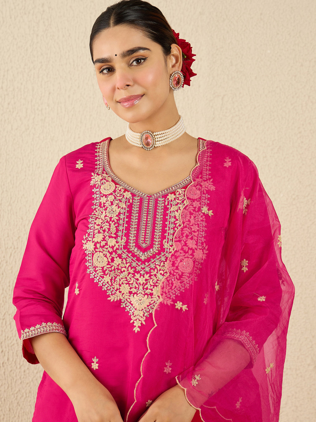 Indo Era Pink Embroidered Straight Kurta Trousers With Dupatta Set- IE