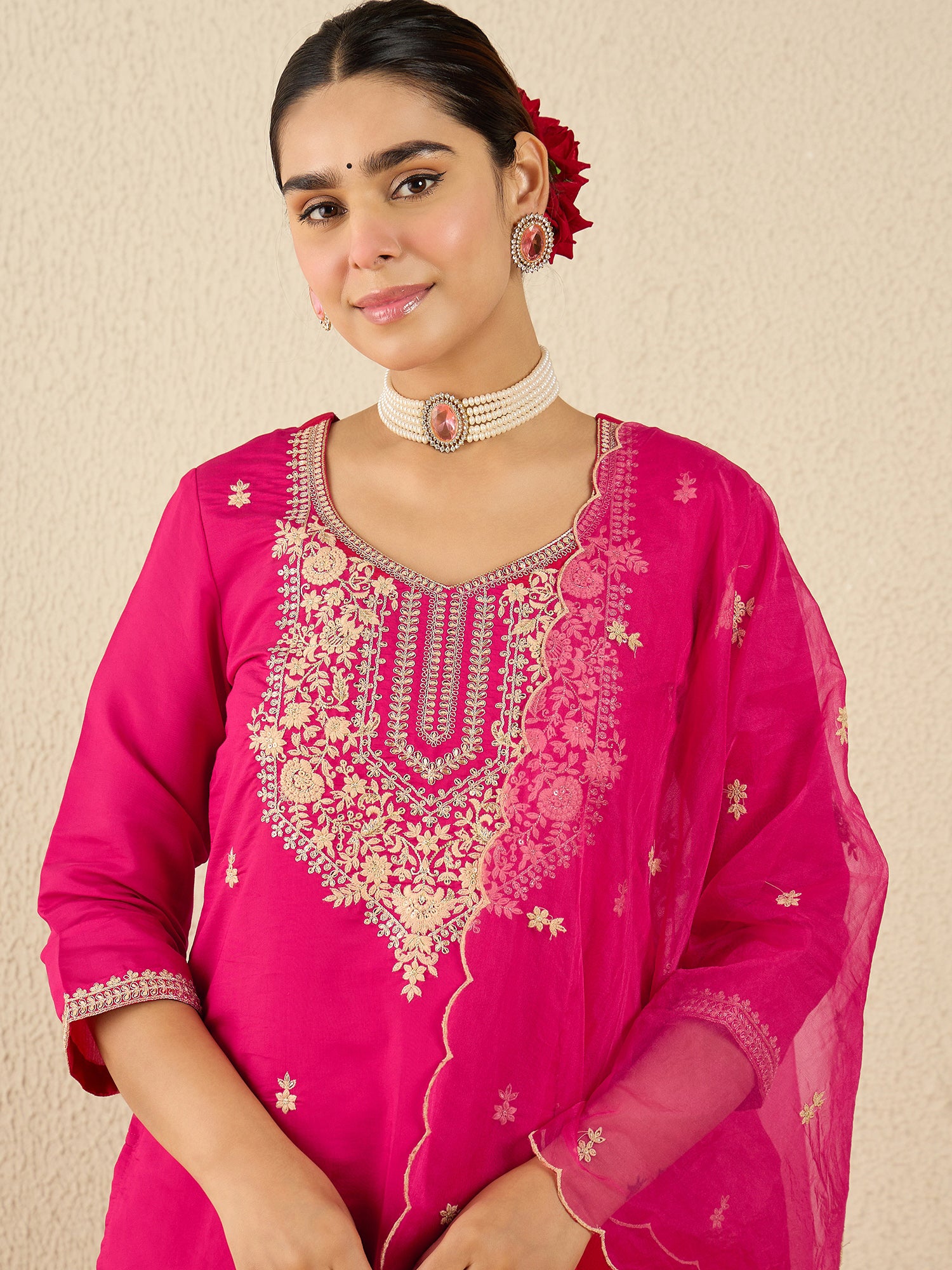 Indo Era Pink Embroidered Straight Kurta Trousers With Dupatta Set- IE