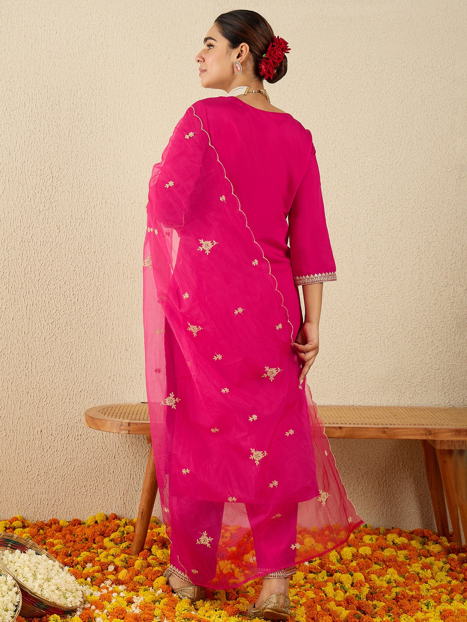 Indo Era Pink Embroidered Straight Kurta Trousers With Dupatta Set- IE