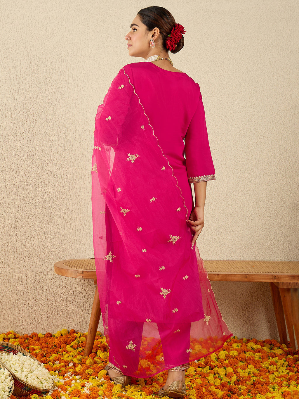 Indo Era Pink Embroidered Straight Kurta Trousers With Dupatta Set- IE