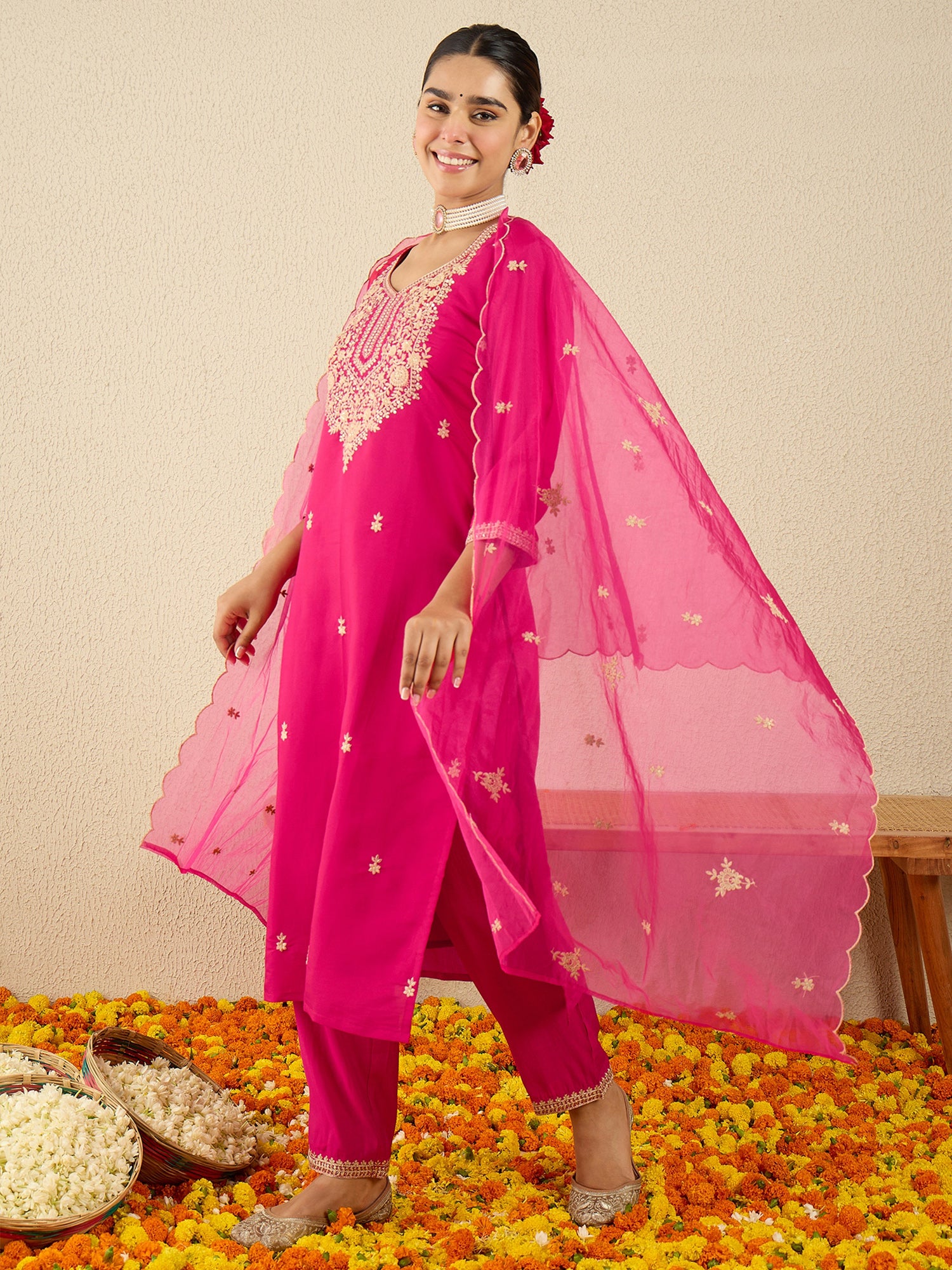 Indo Era Pink Embroidered Straight Kurta Trousers With Dupatta Set- IE