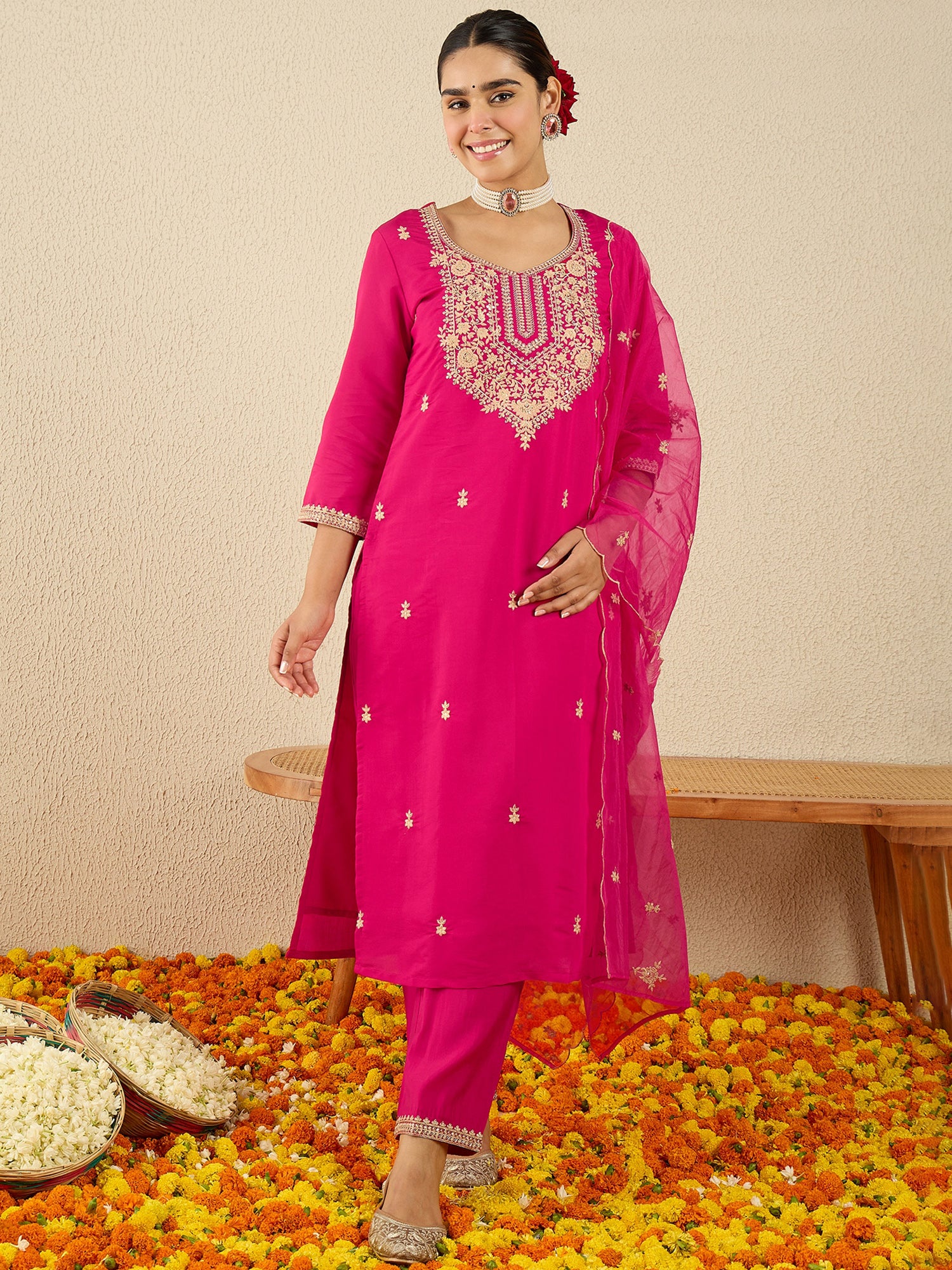 Indo Era Pink Embroidered Straight Kurta Trousers With Dupatta Set- IE