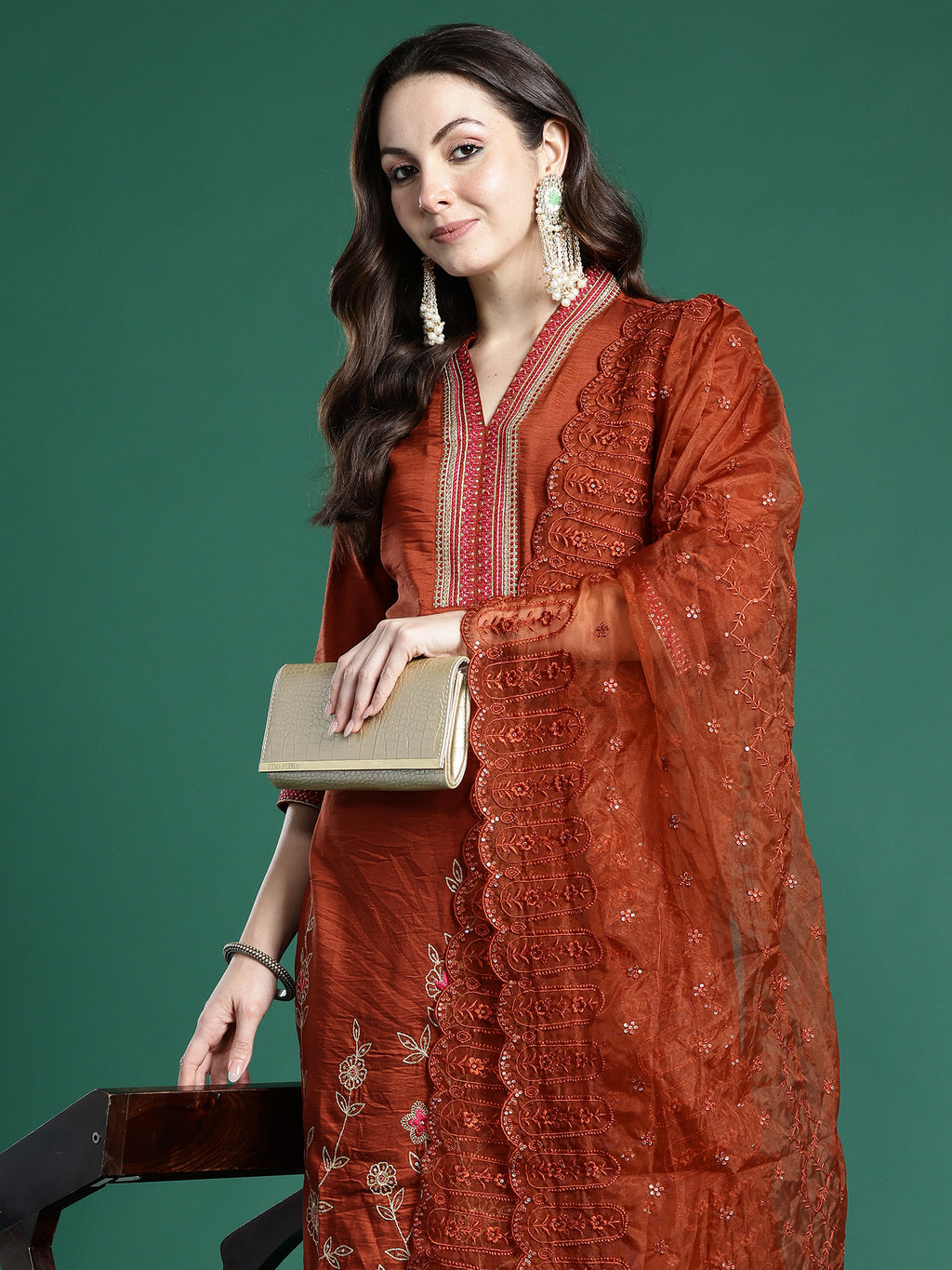 Indo Era Rust Embroidered Straight Kurta Trousers With Dupatta Set- IE