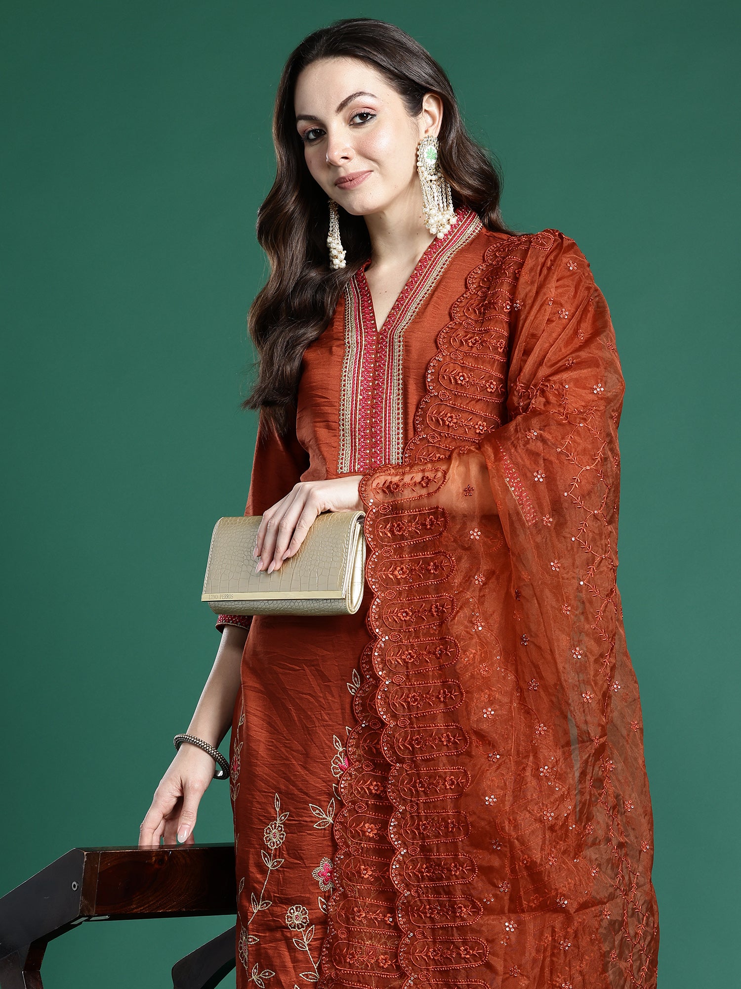 Indo Era Rust Embroidered Straight Kurta Trousers With Dupatta Set- IE