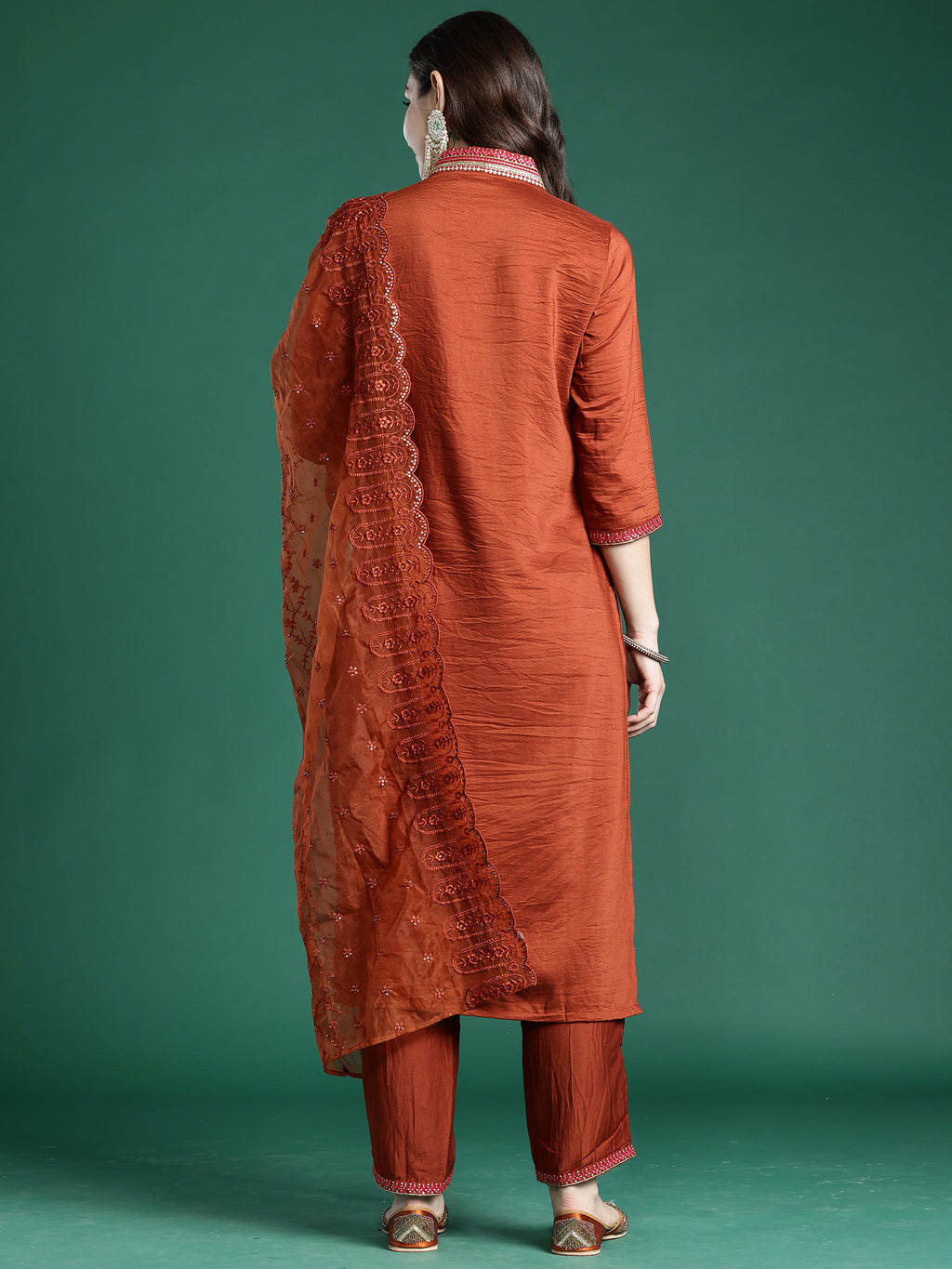 Indo Era Rust Embroidered Straight Kurta Trousers With Dupatta Set- IE