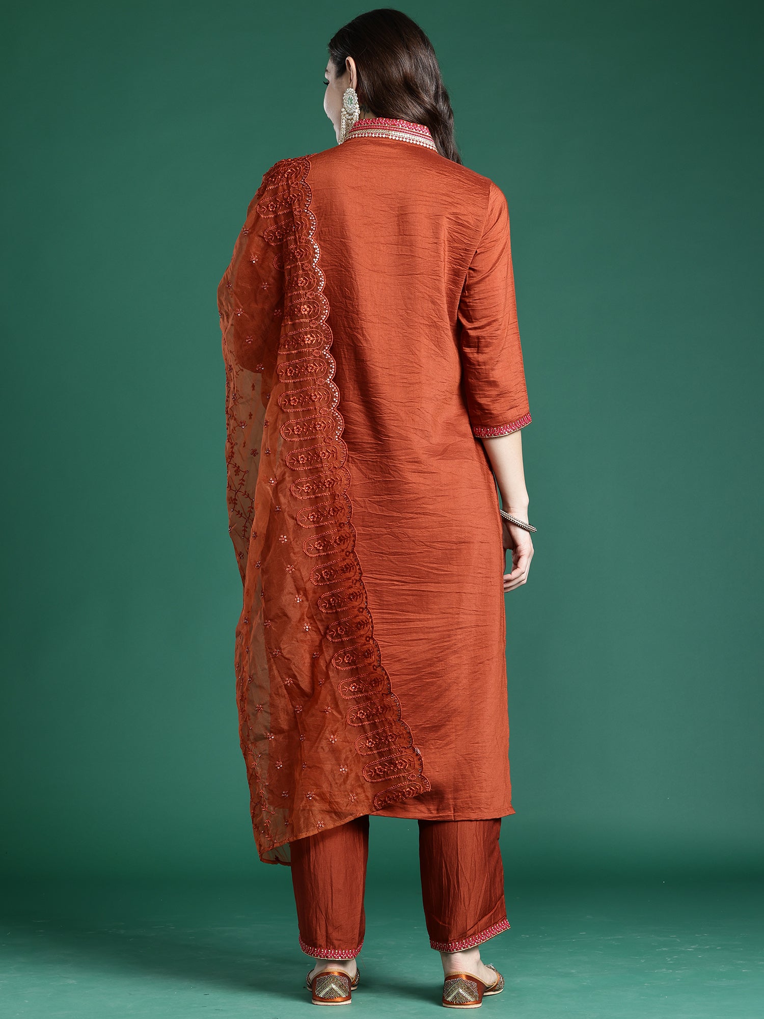 Indo Era Rust Embroidered Straight Kurta Trousers With Dupatta Set- IE