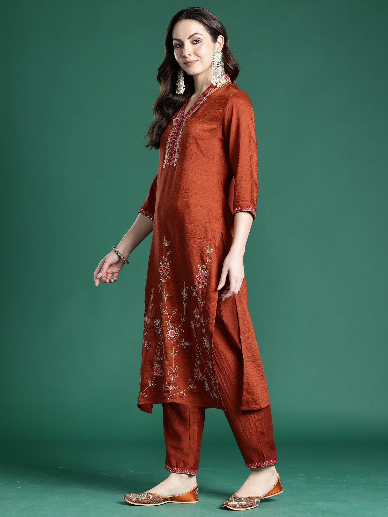 Indo Era Rust Embroidered Straight Kurta Trousers With Dupatta Set- IE