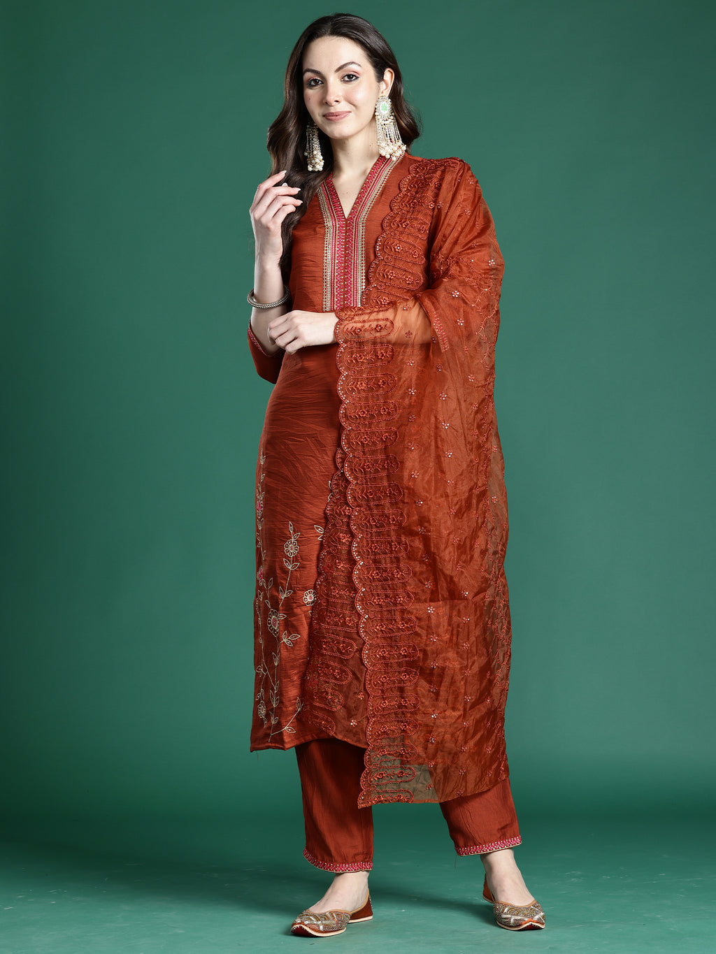 Indo Era Rust Embroidered Straight Kurta Trousers With Dupatta Set- IE