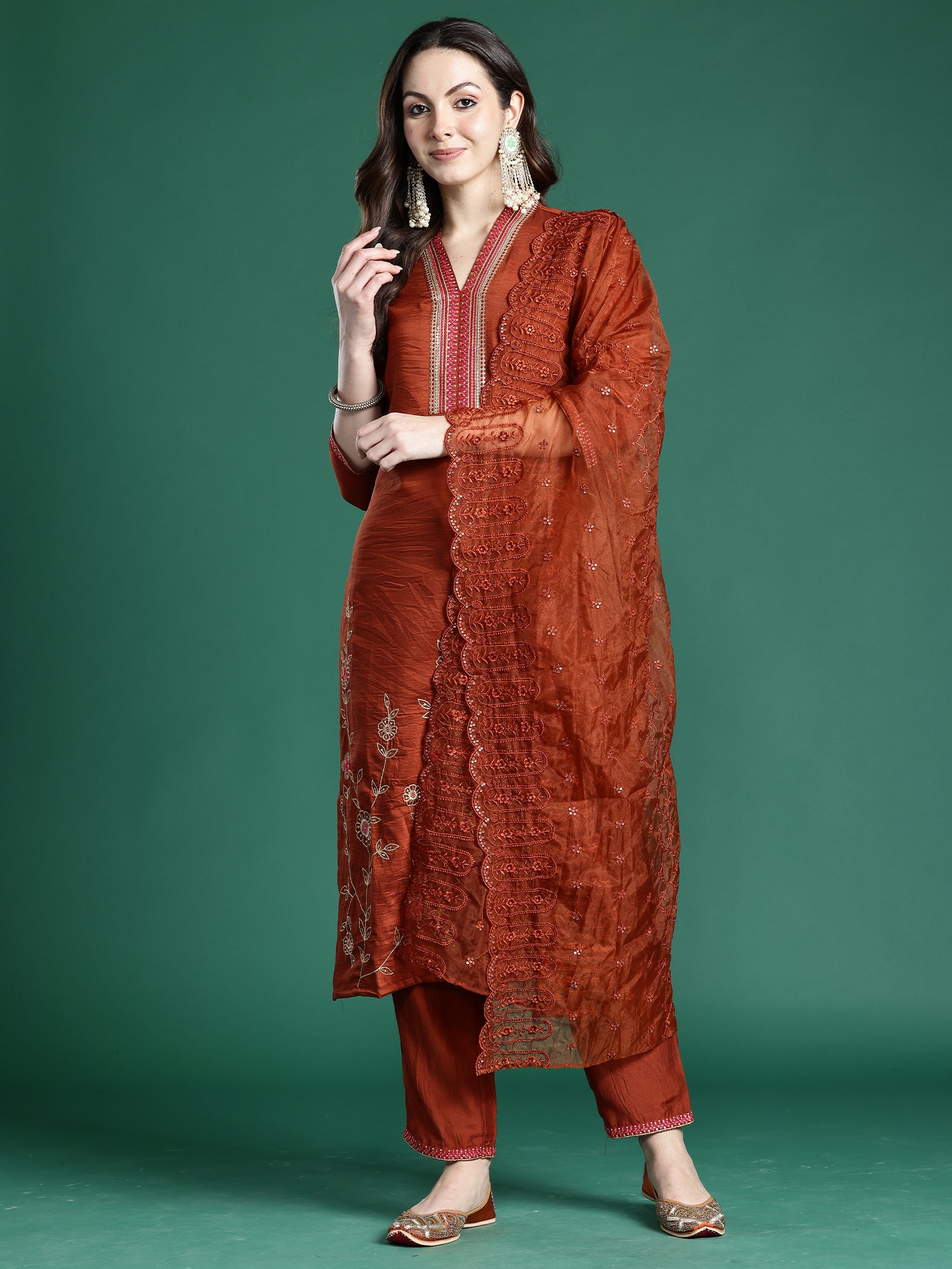 Indo Era Rust Embroidered Straight Kurta Trousers With Dupatta Set- IE