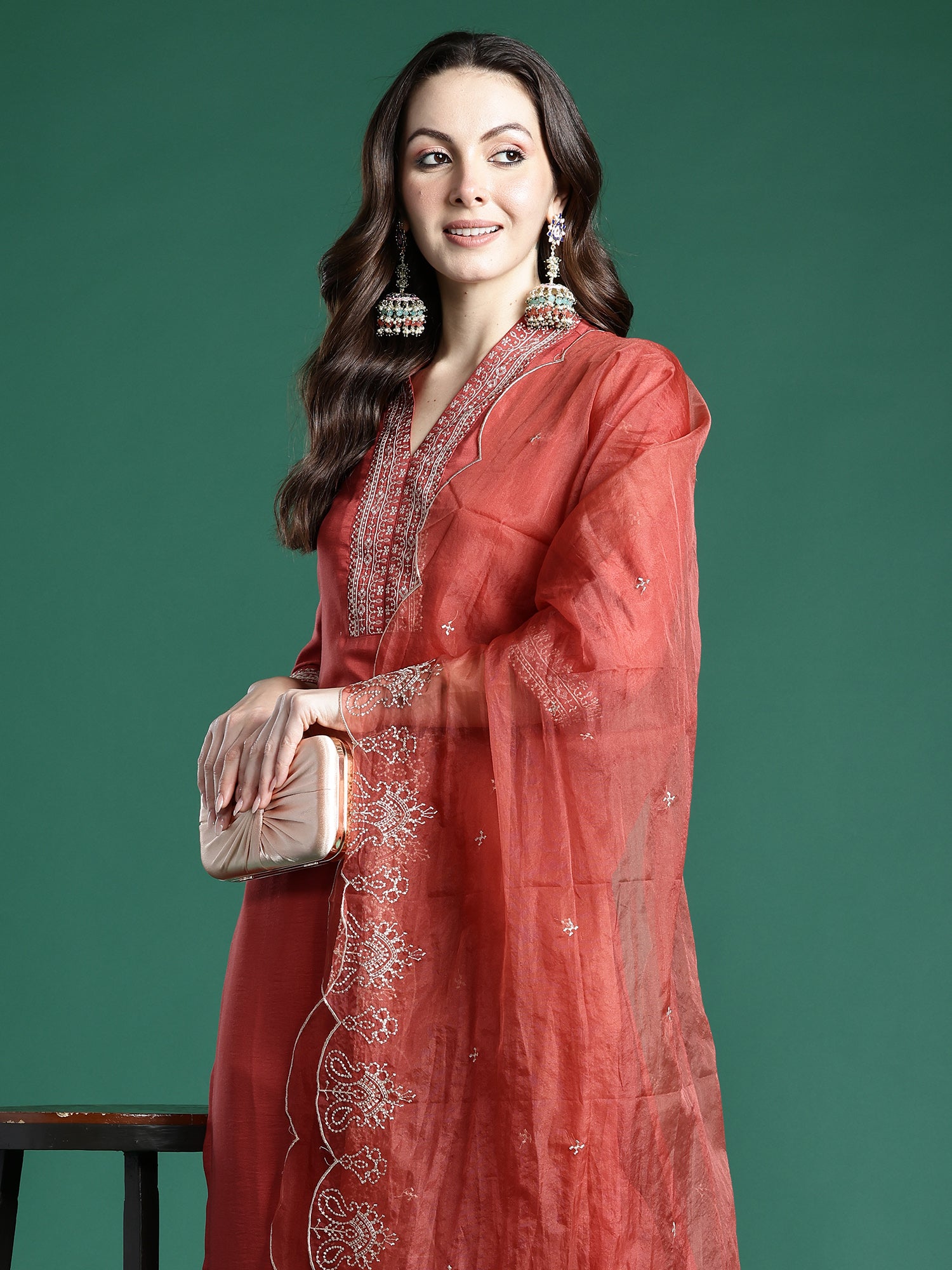 Indo Era Rust Embroidered Straight Kurta Trousers With Dupatta set- IE