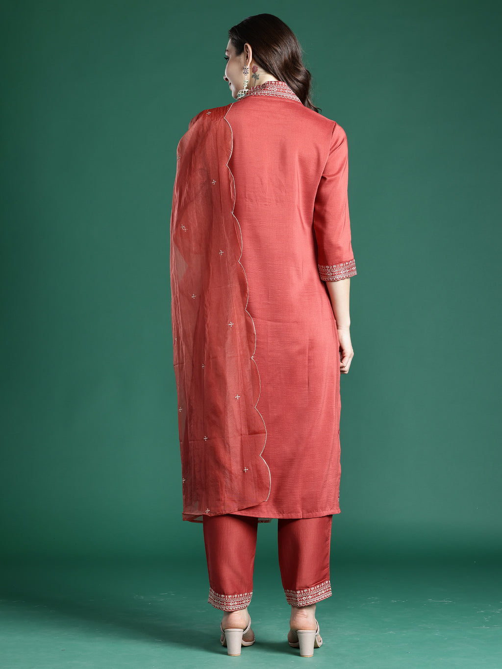 Indo Era Rust Embroidered Straight Kurta Trousers With Dupatta set- IE