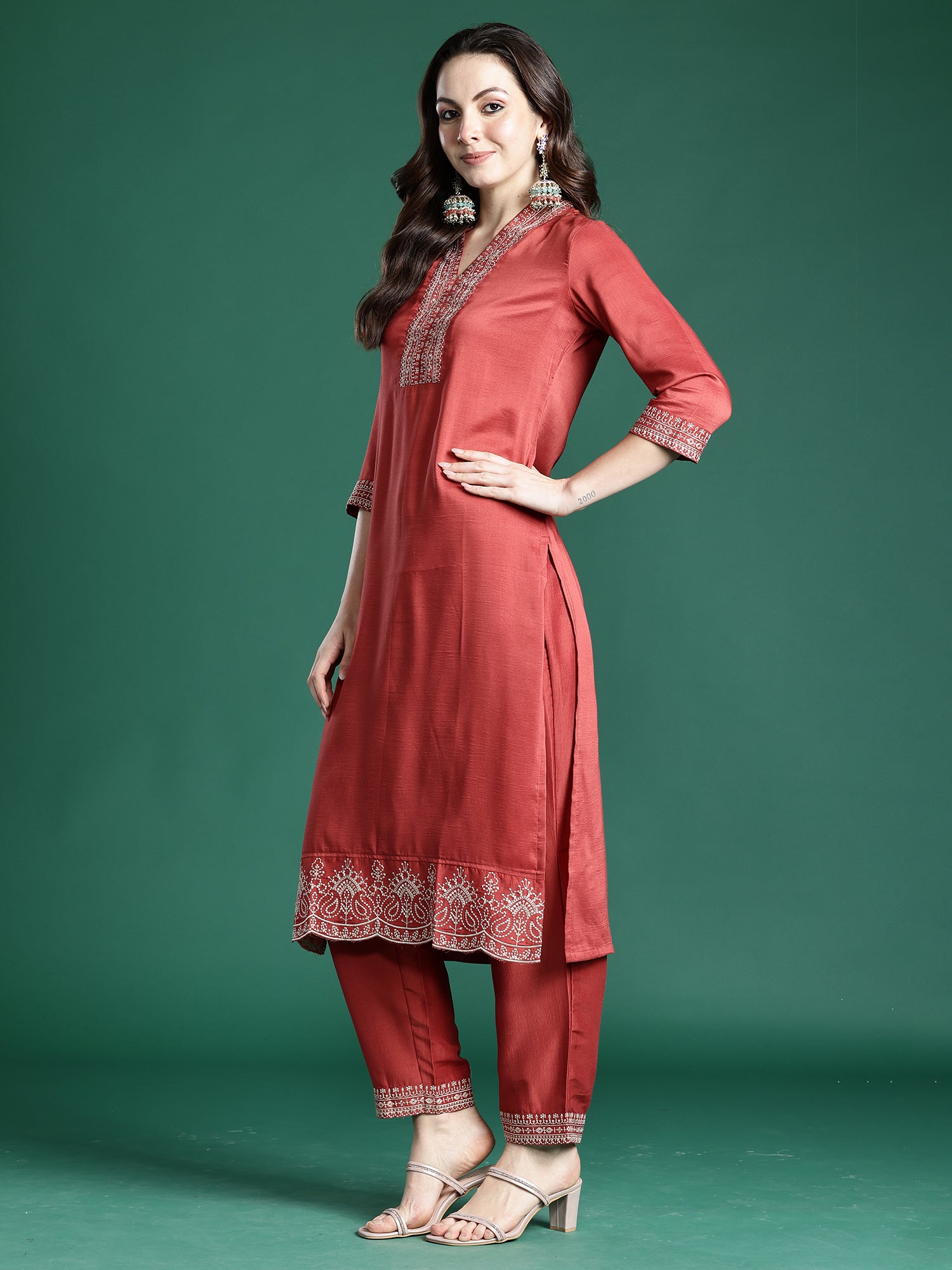 Indo Era Rust Embroidered Straight Kurta Trousers With Dupatta set- IE