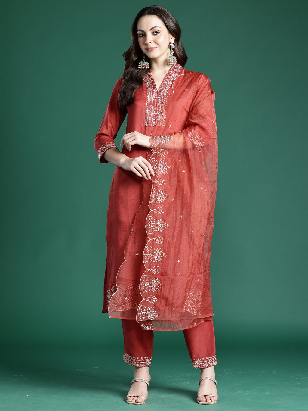 Indo Era Rust Embroidered Straight Kurta Trousers With Dupatta set- IE
