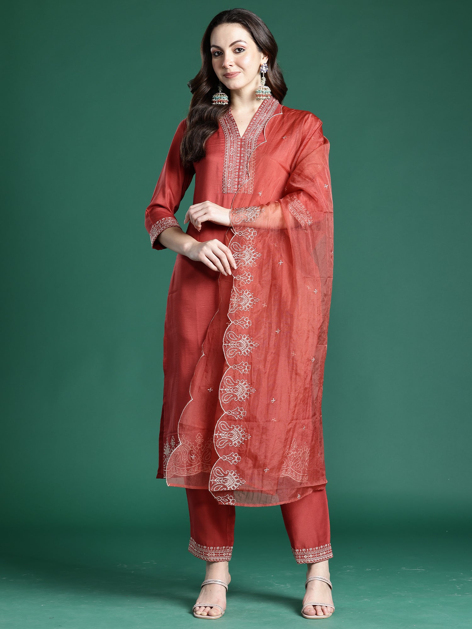 Indo Era Rust Embroidered Straight Kurta Trousers With Dupatta set- IE