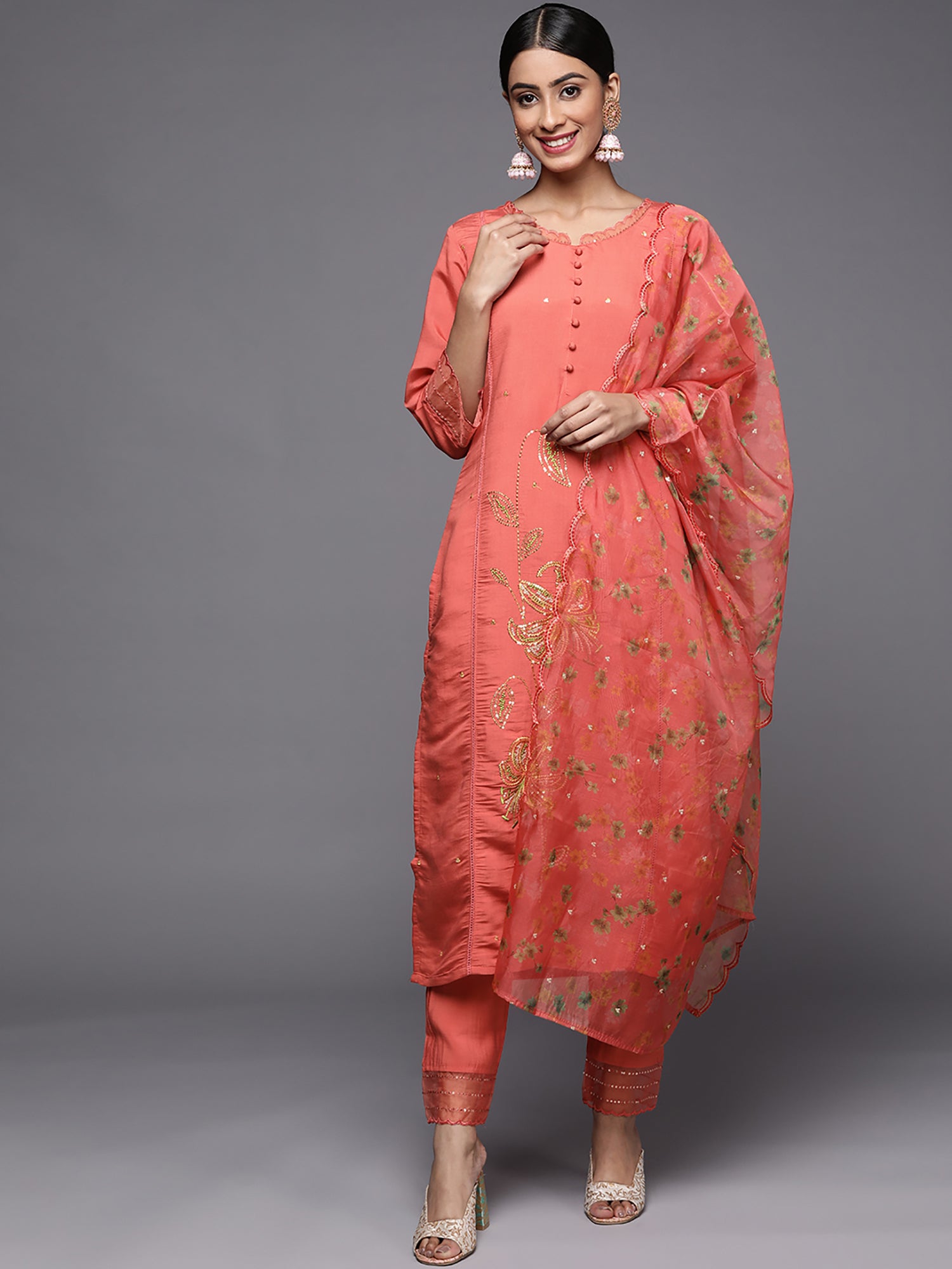 Rust Embroidered Straight Kurta Trousers With Dupatta set