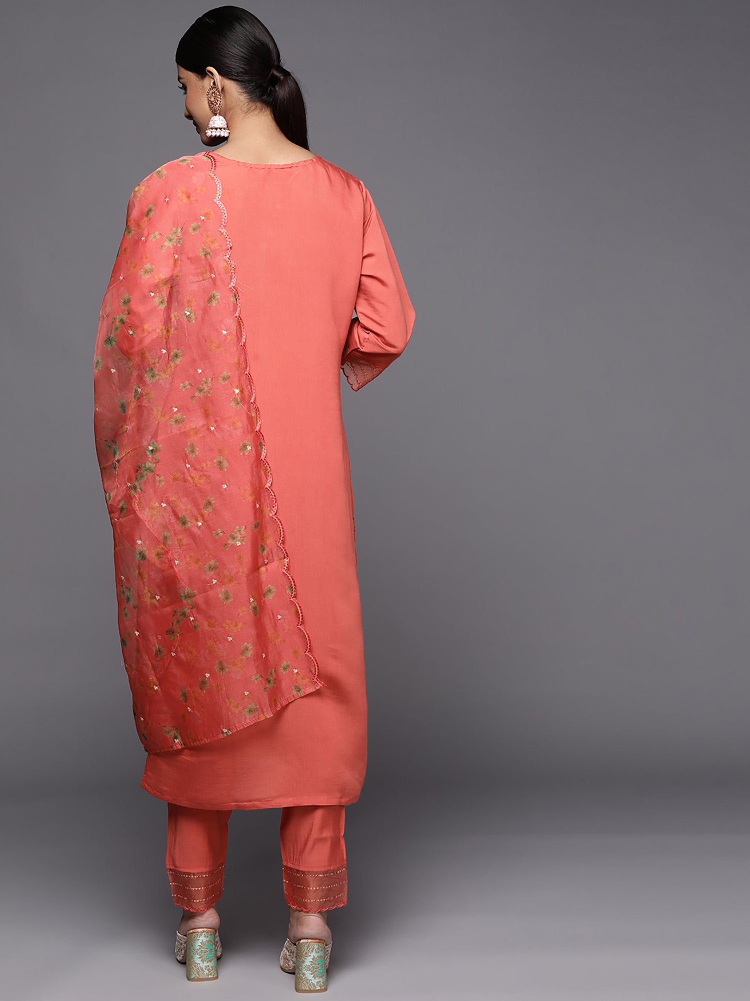 Rust Embroidered Straight Kurta Trousers With Dupatta set