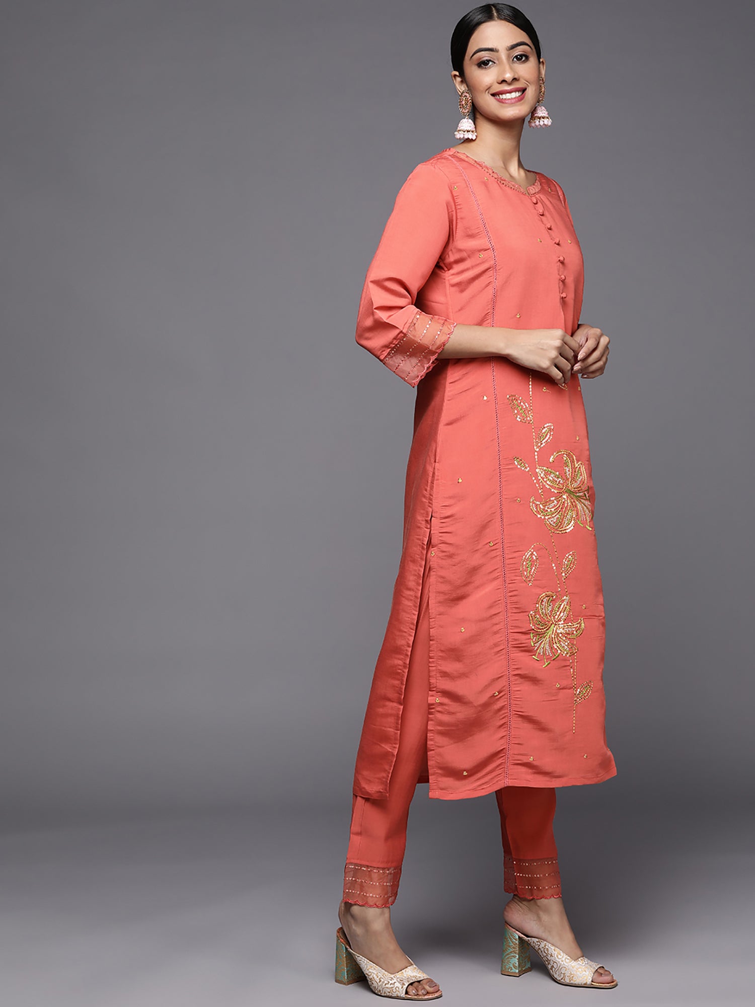 Rust Embroidered Straight Kurta Trousers With Dupatta set