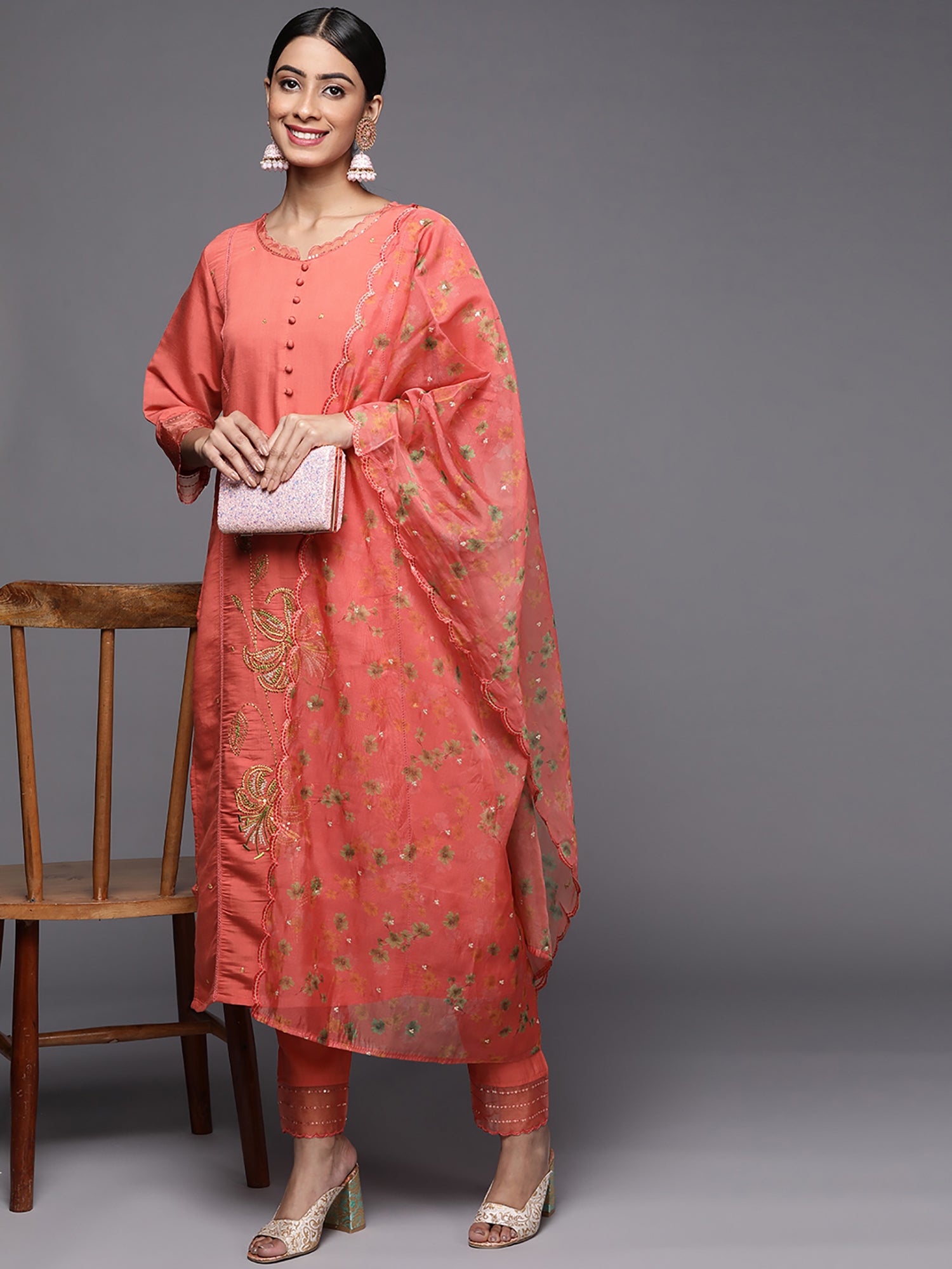 Rust Embroidered Straight Kurta Trousers With Dupatta set