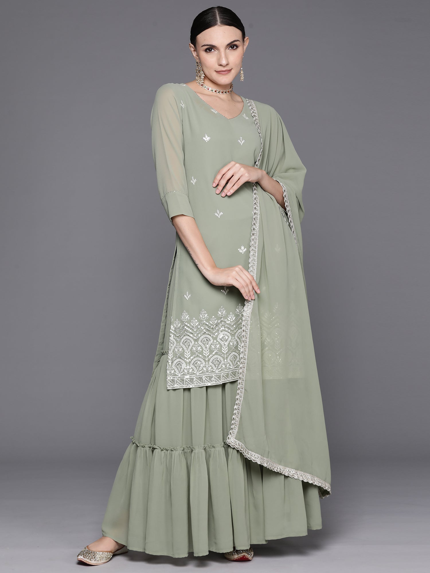 Sea Green Embroidered Straight Kurta Sharara With Dupatta Set