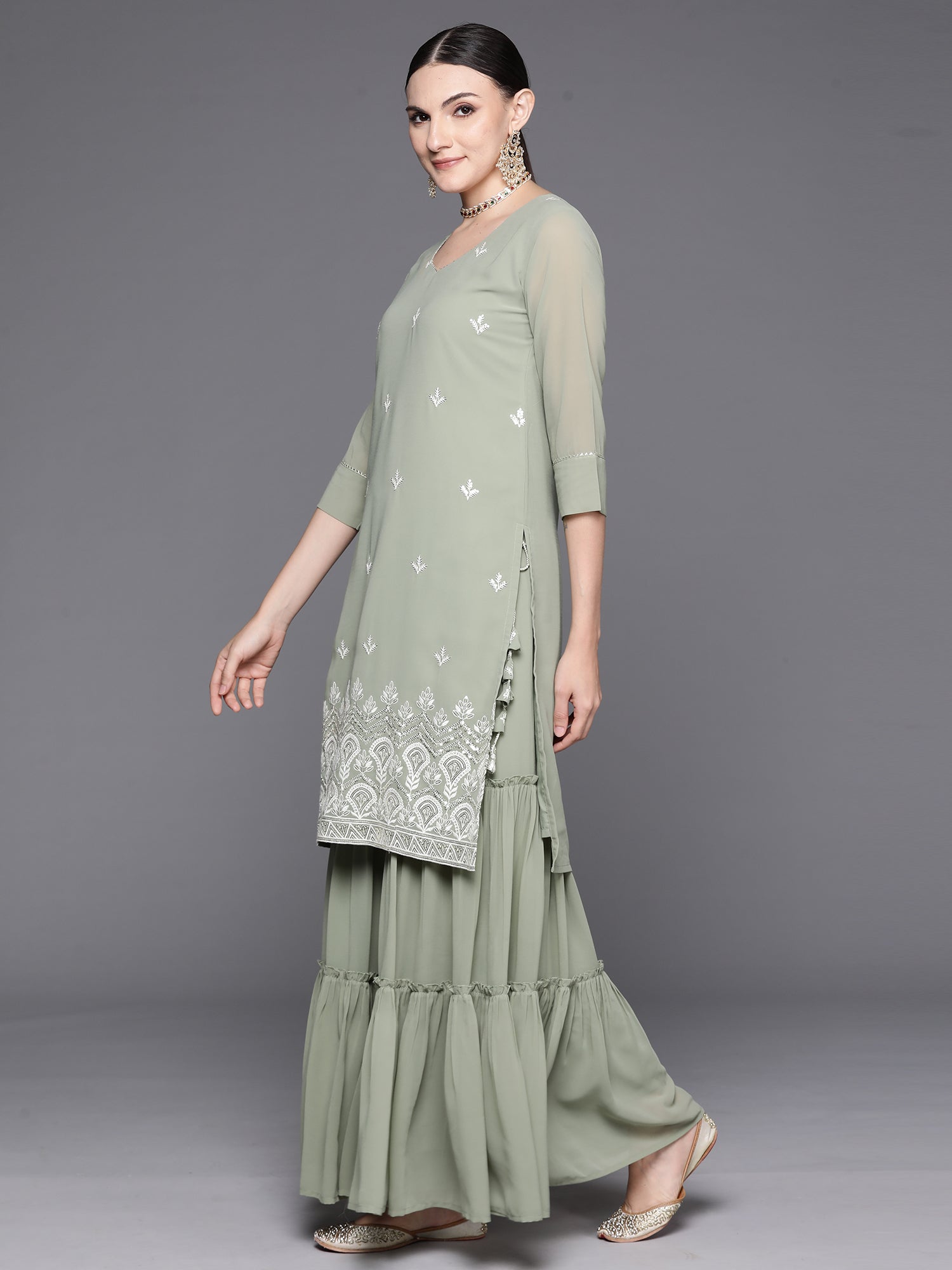 Sea Green Embroidered Straight Kurta Sharara With Dupatta Set