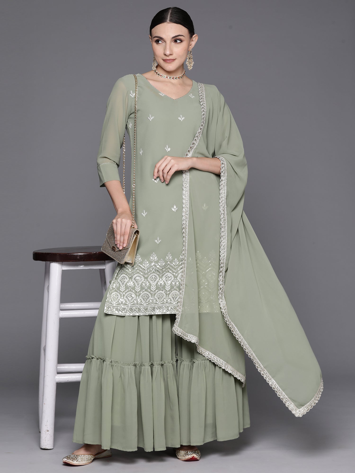 Sea Green Embroidered Straight Kurta Sharara With Dupatta Set