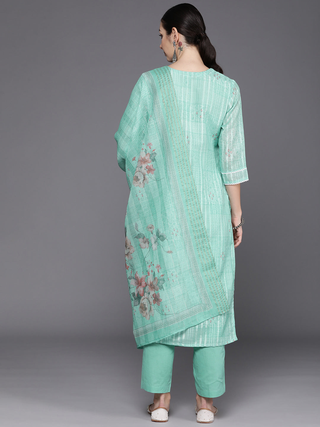 Sea Green Embroidered Straight Kurta Trousers With Dupatta Set