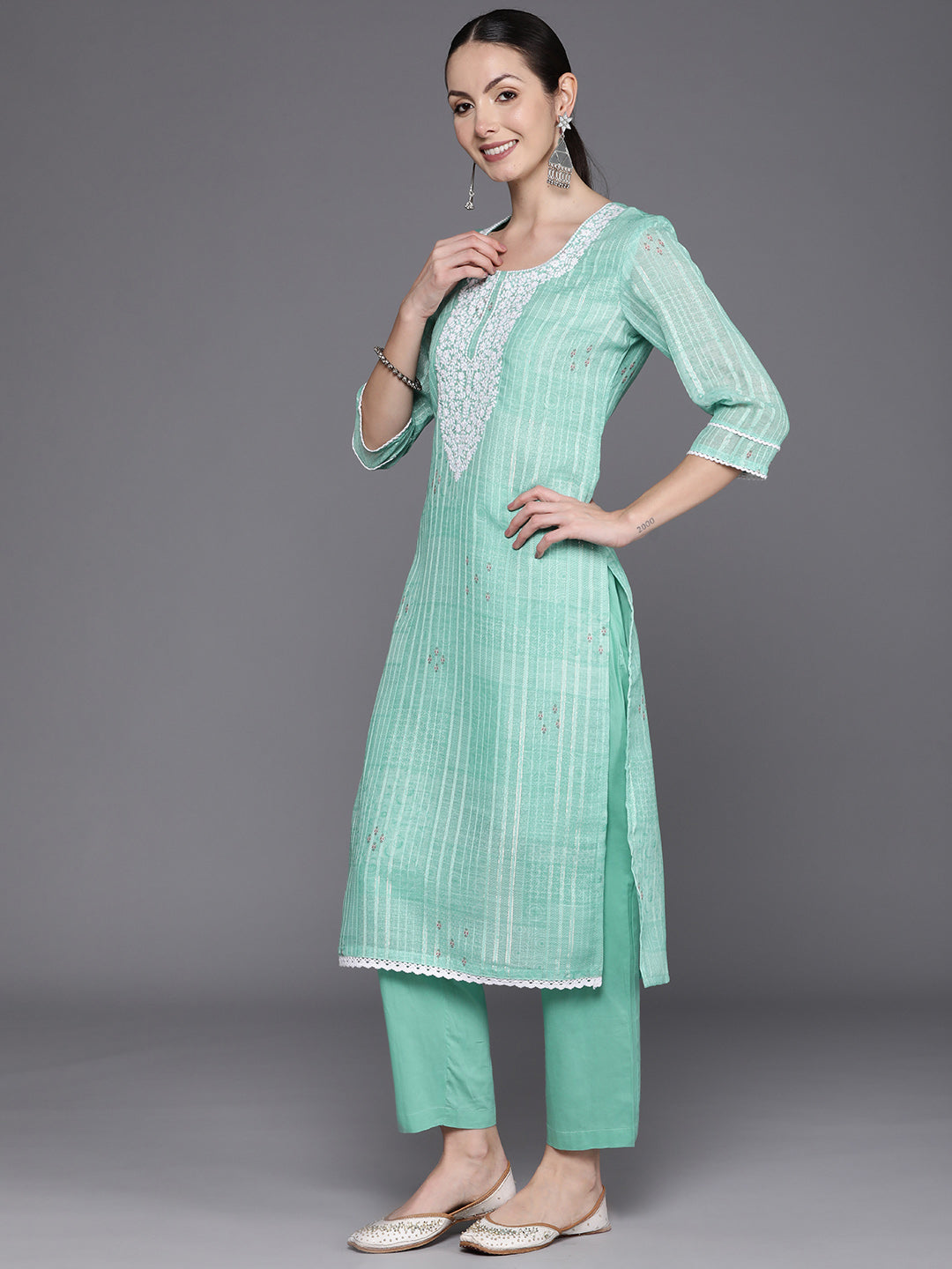 Sea Green Embroidered Straight Kurta Trousers With Dupatta Set