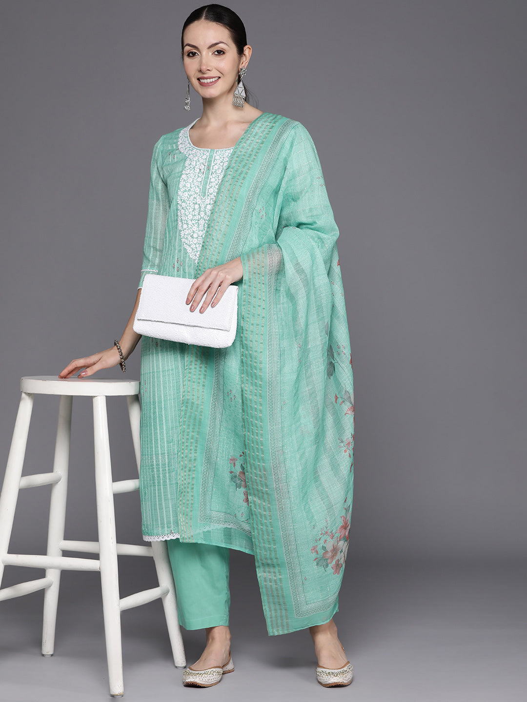 Sea Green Embroidered Straight Kurta Trousers With Dupatta Set