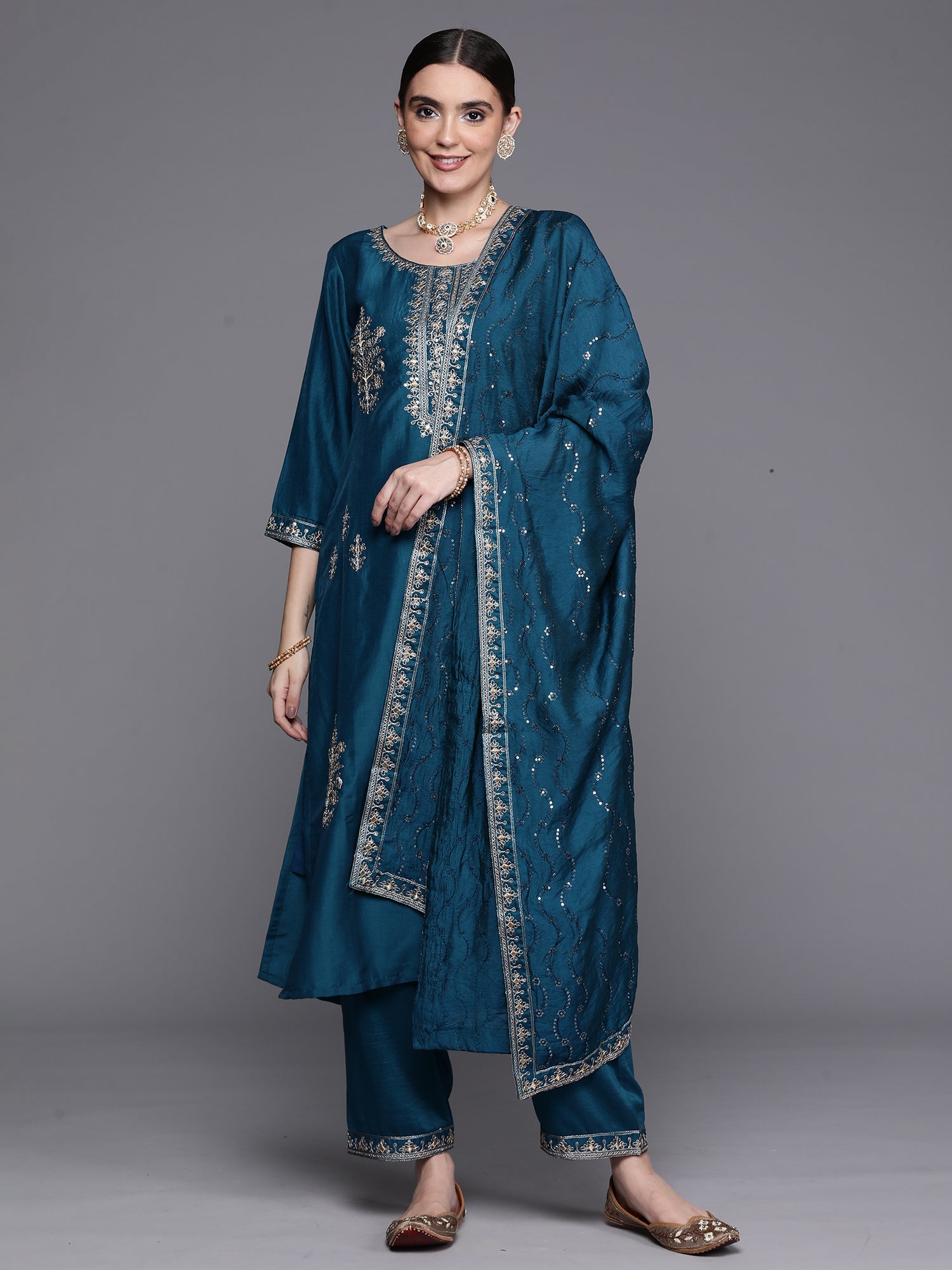 Teal Embroidered Ethnic Straight Kurta Trousers With Dupatta Set