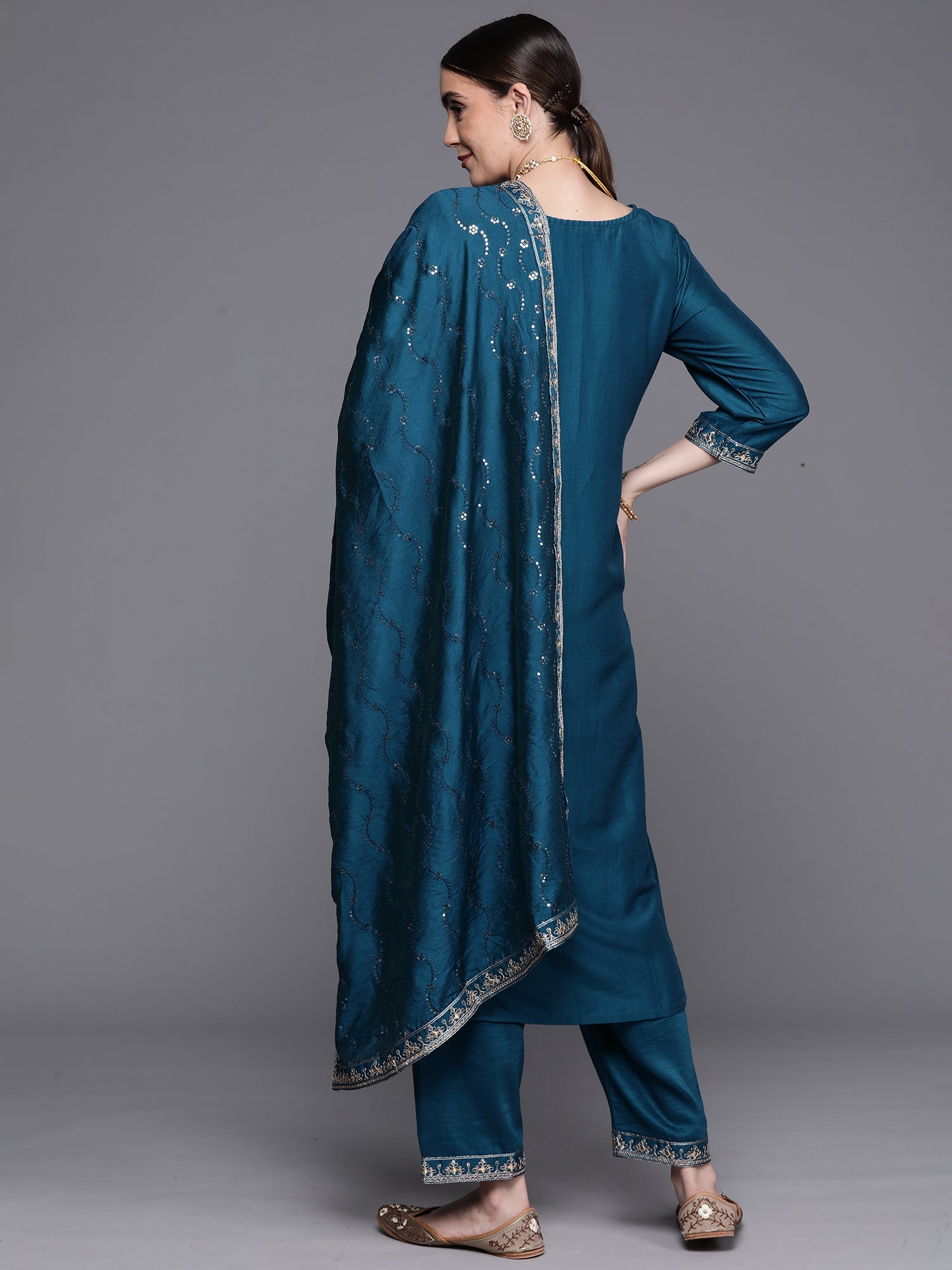 Teal Embroidered Ethnic Straight Kurta Trousers With Dupatta Set