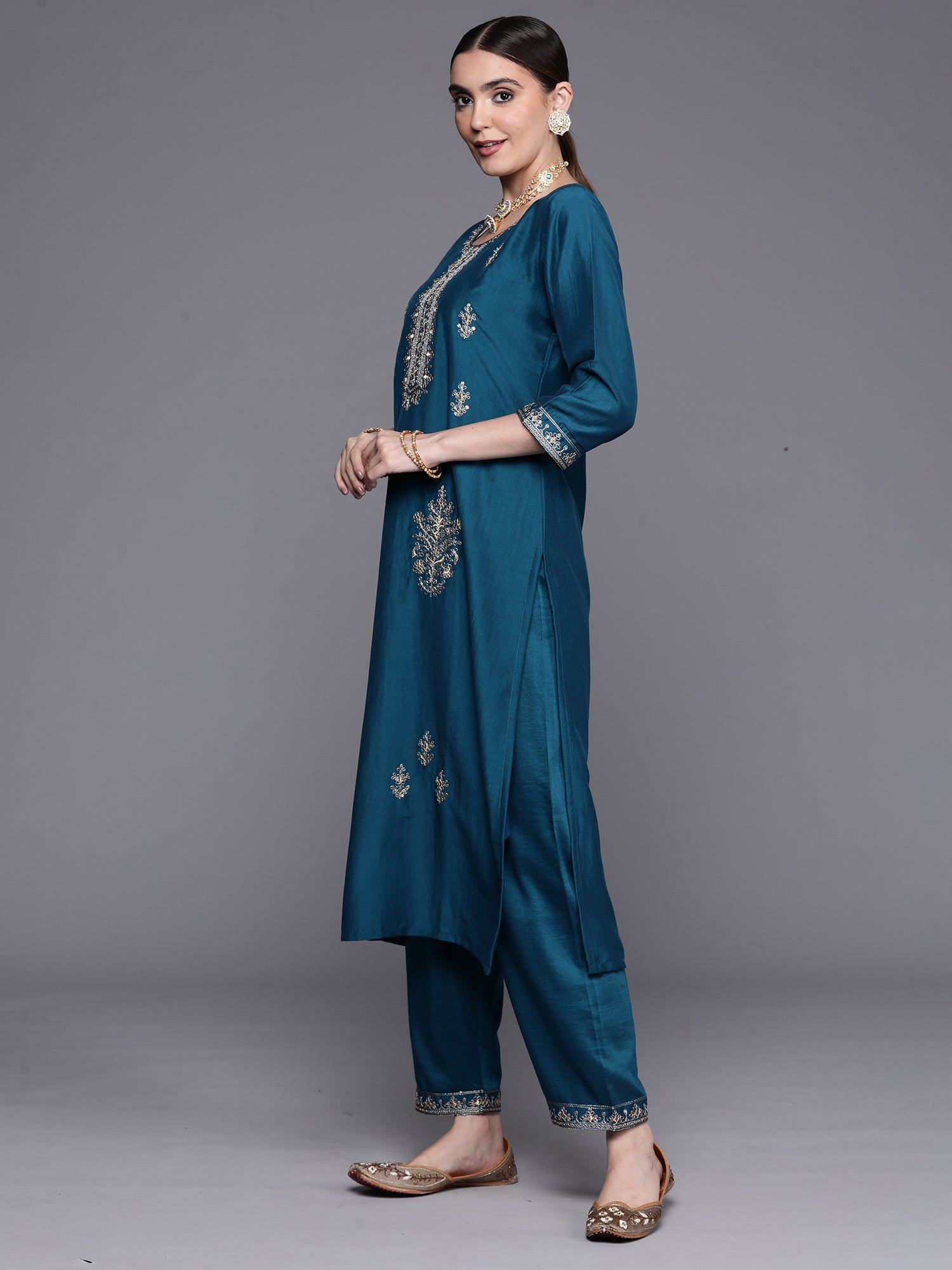 Teal Embroidered Ethnic Straight Kurta Trousers With Dupatta Set