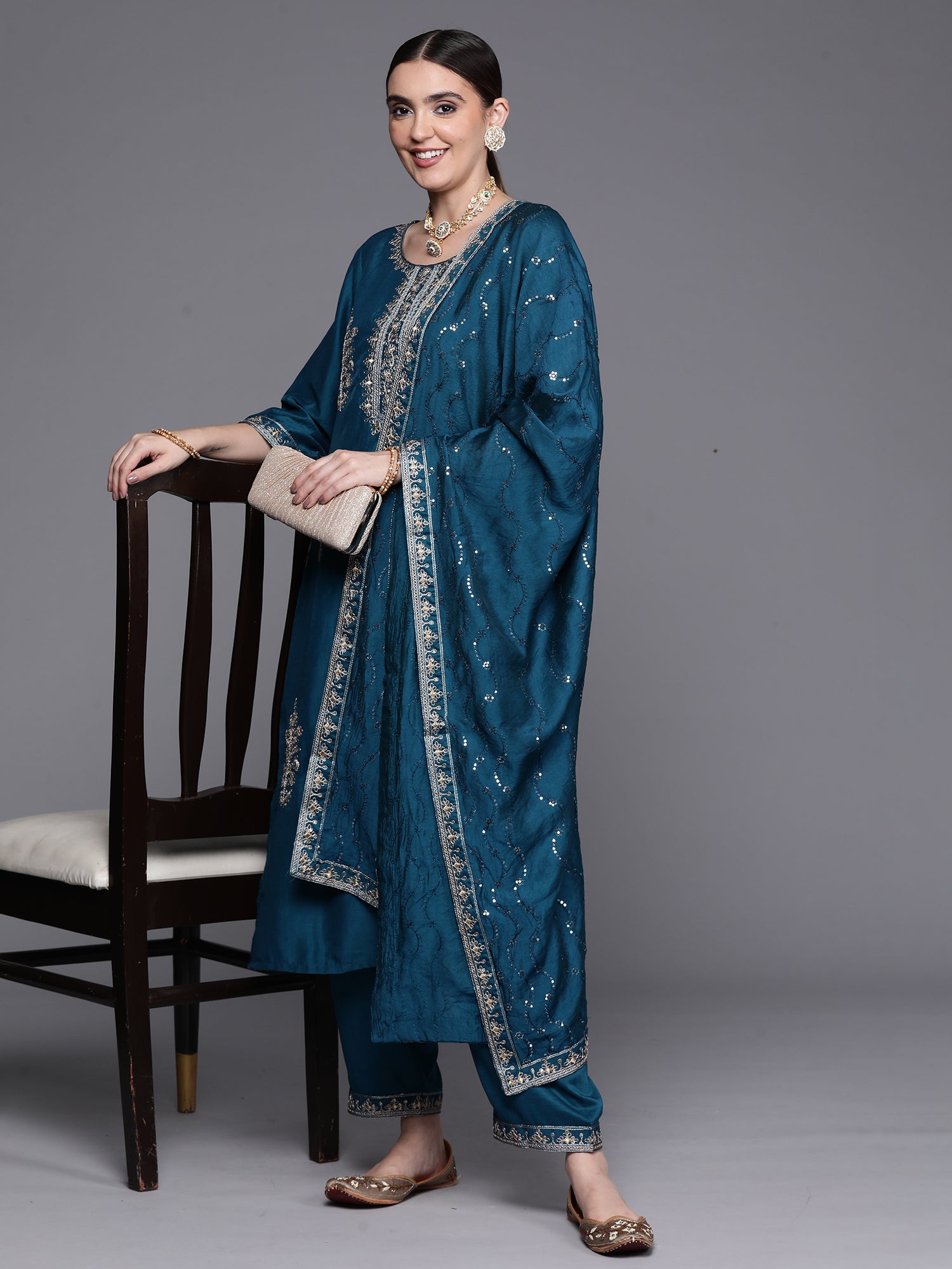 Teal Embroidered Ethnic Straight Kurta Trousers With Dupatta Set