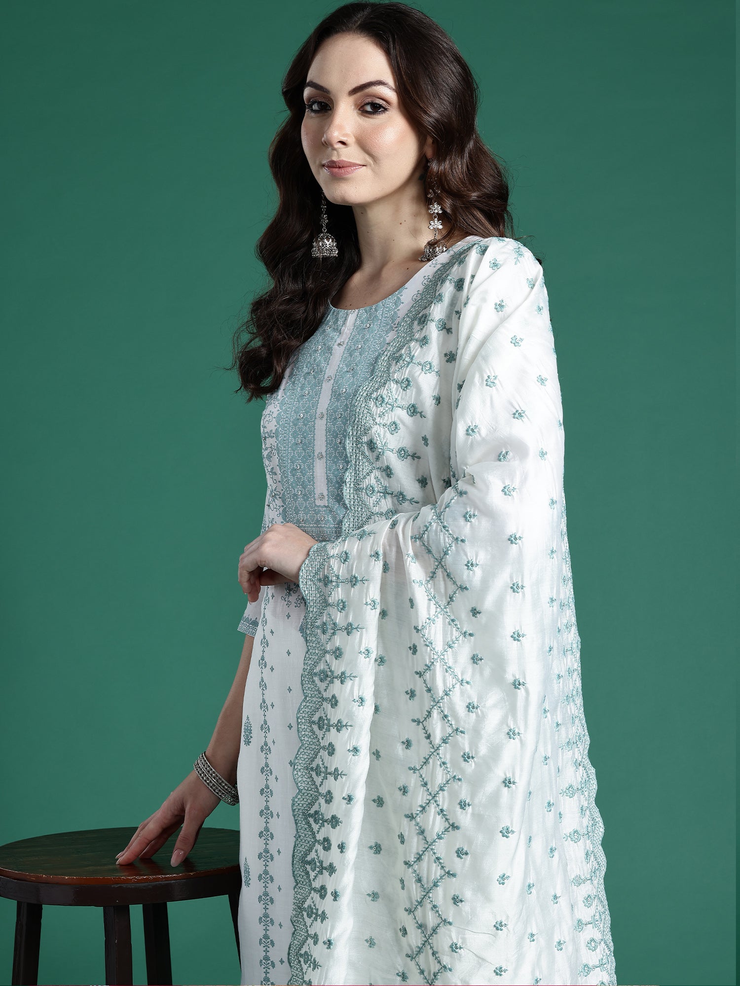 Indo Era White Embroidered Straight Kurta Trousers With Dupatta Set- IE