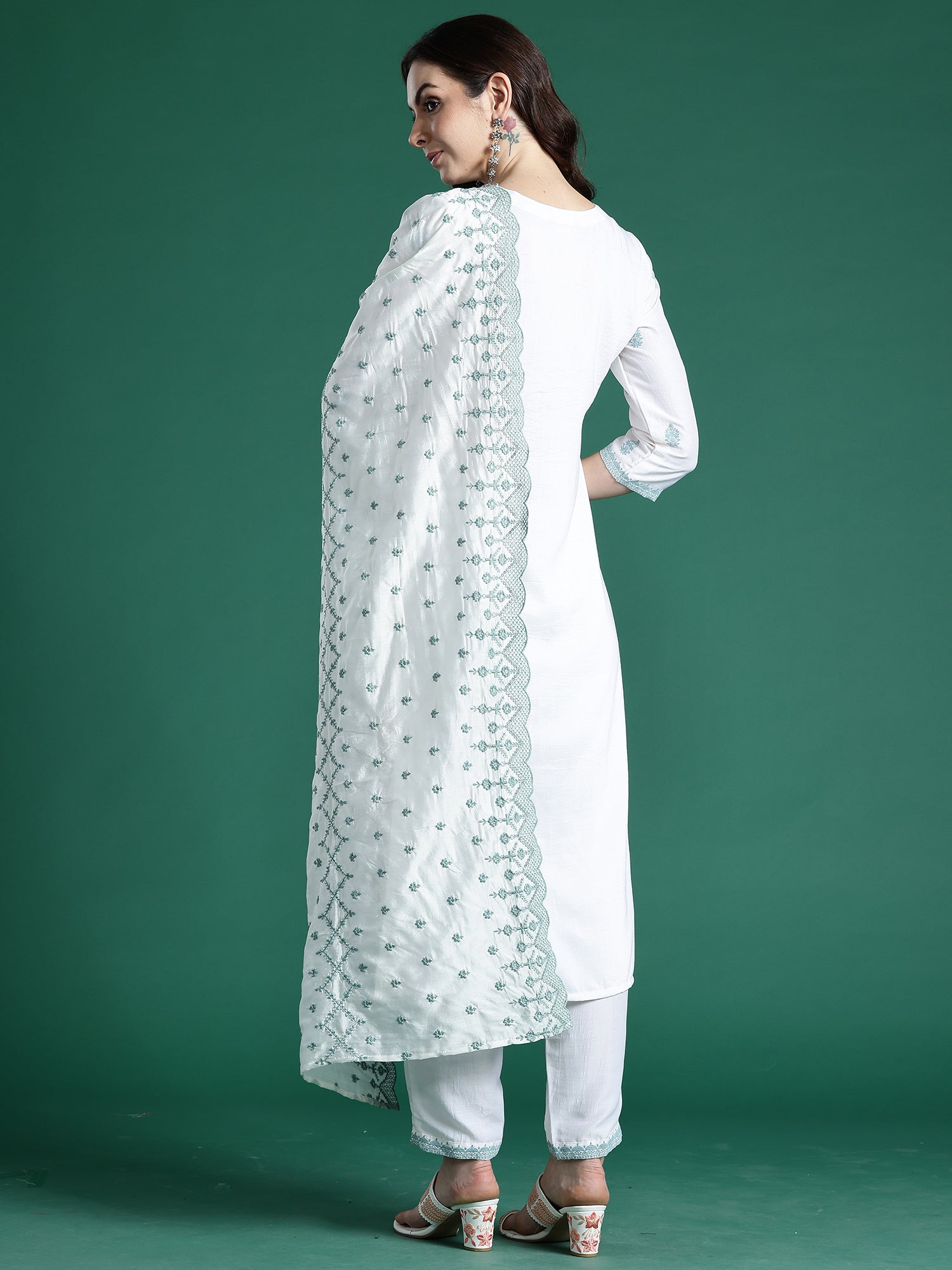 Indo Era White Embroidered Straight Kurta Trousers With Dupatta Set- IE