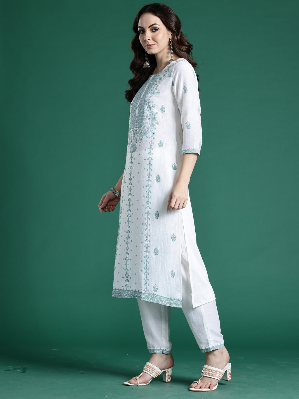 Indo Era White Embroidered Straight Kurta Trousers With Dupatta Set- IE