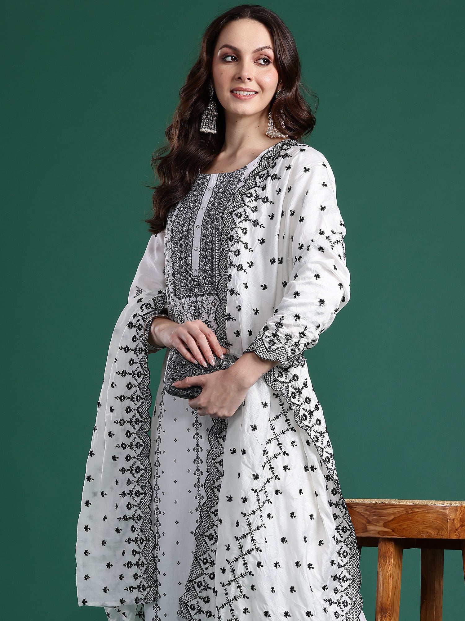 Indo Era White Embroidered Straight Kurta Trousers With Dupatta Set- IE