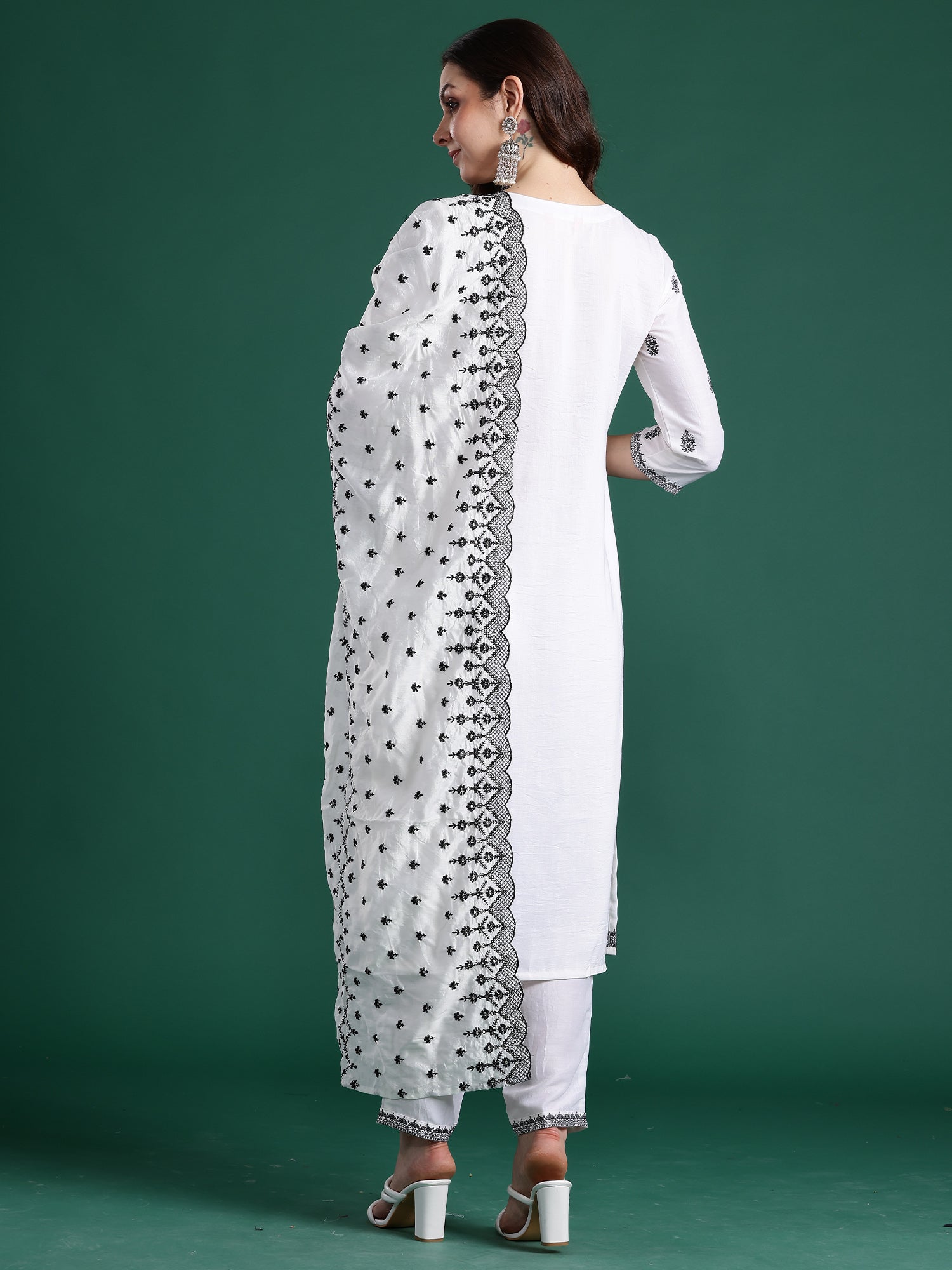 Indo Era White Woven Design Straight Kurta Trousers With Dupatta Set- IE