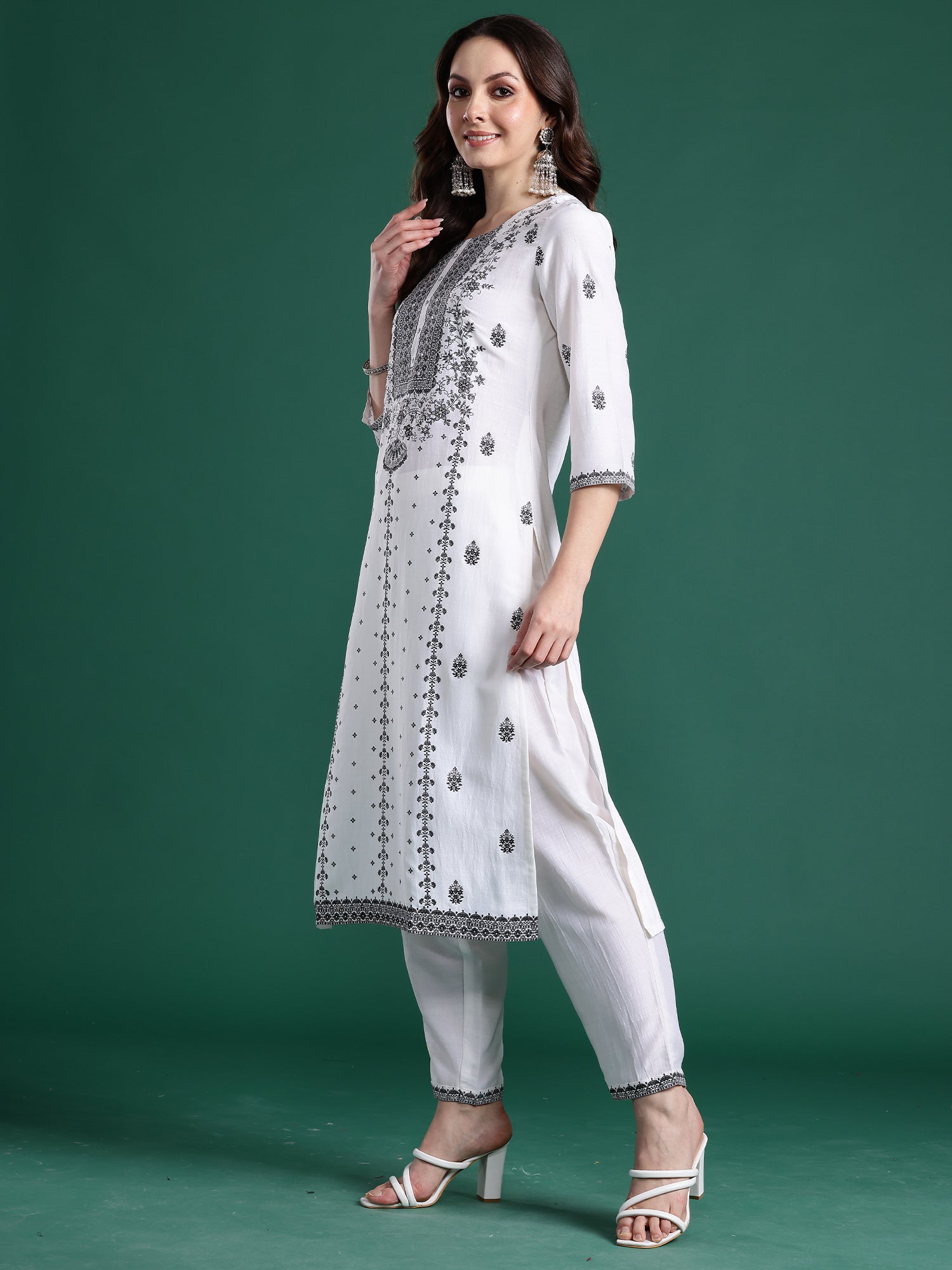 Indo Era White Woven Design Straight Kurta Trousers With Dupatta Set- IE