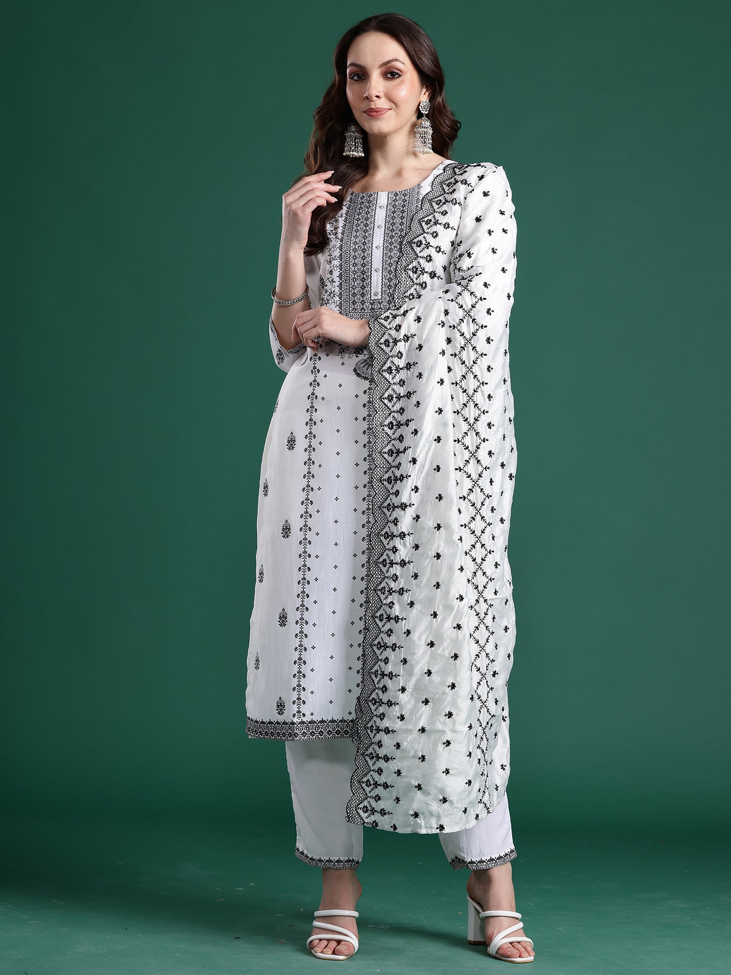 Indo Era White Woven Design Straight Kurta Trousers With Dupatta Set- IE