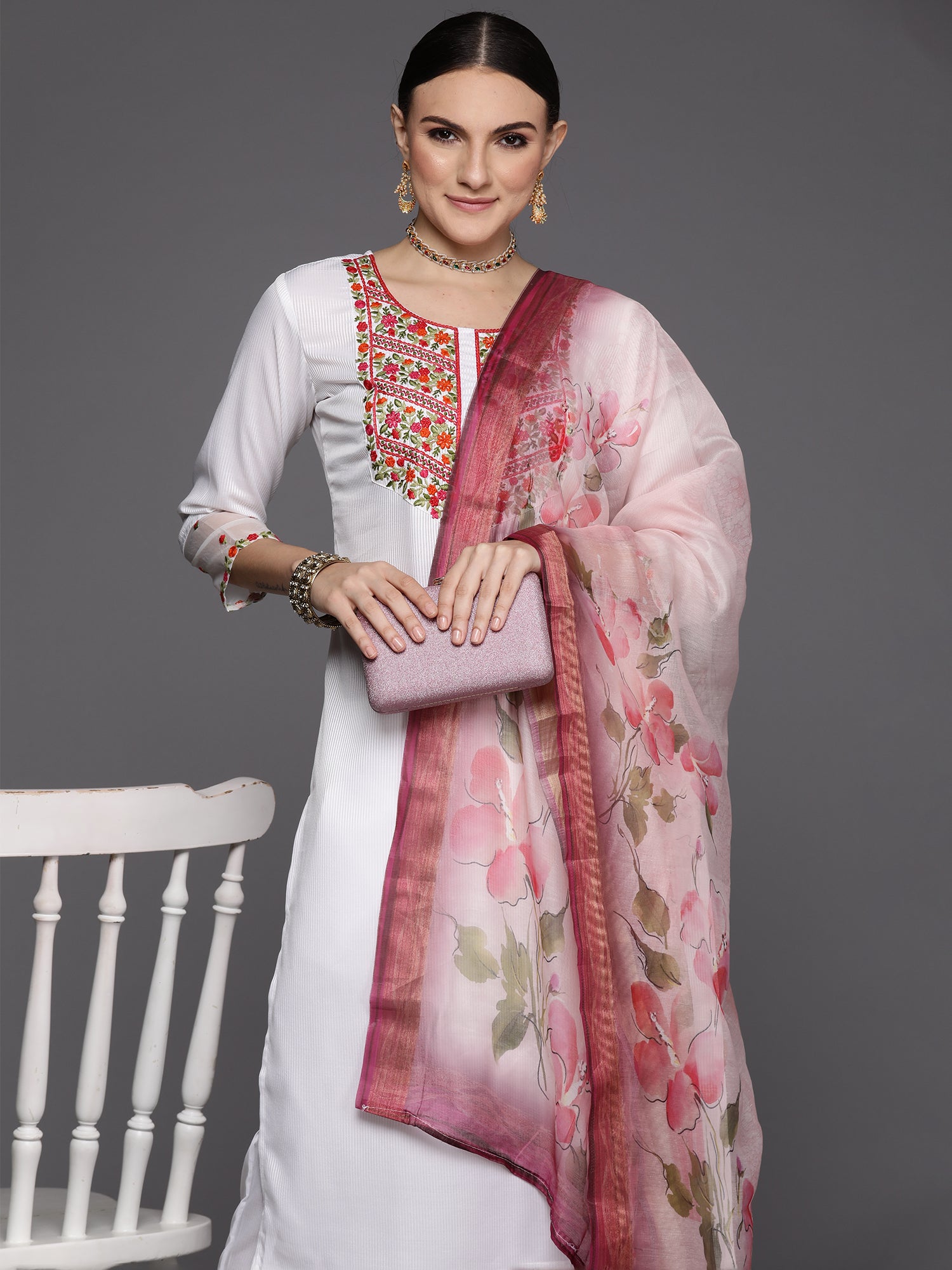 White Embroidered Straight Kurta Trousers With Dupatta Set