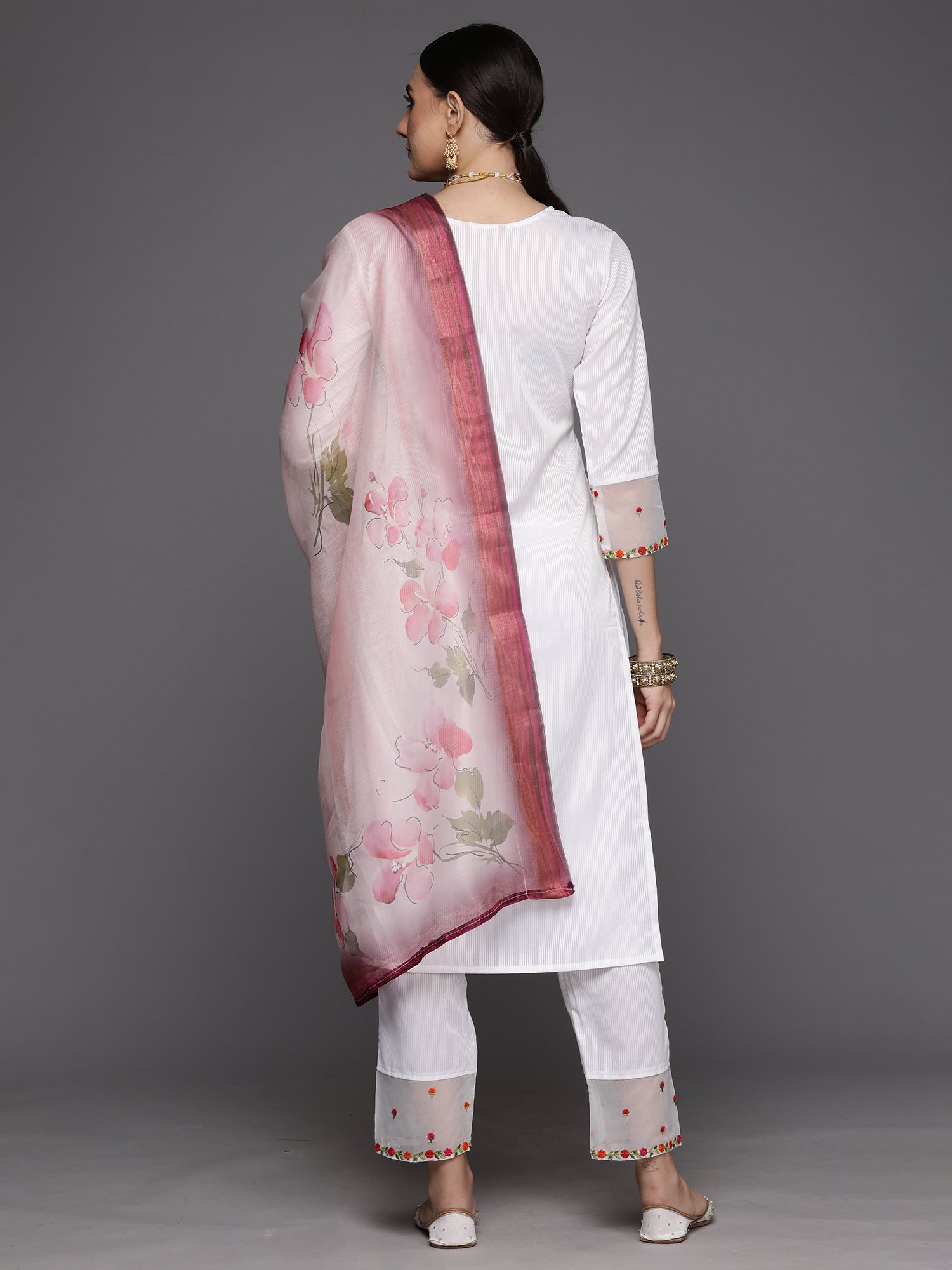 White Embroidered Straight Kurta Trousers With Dupatta Set